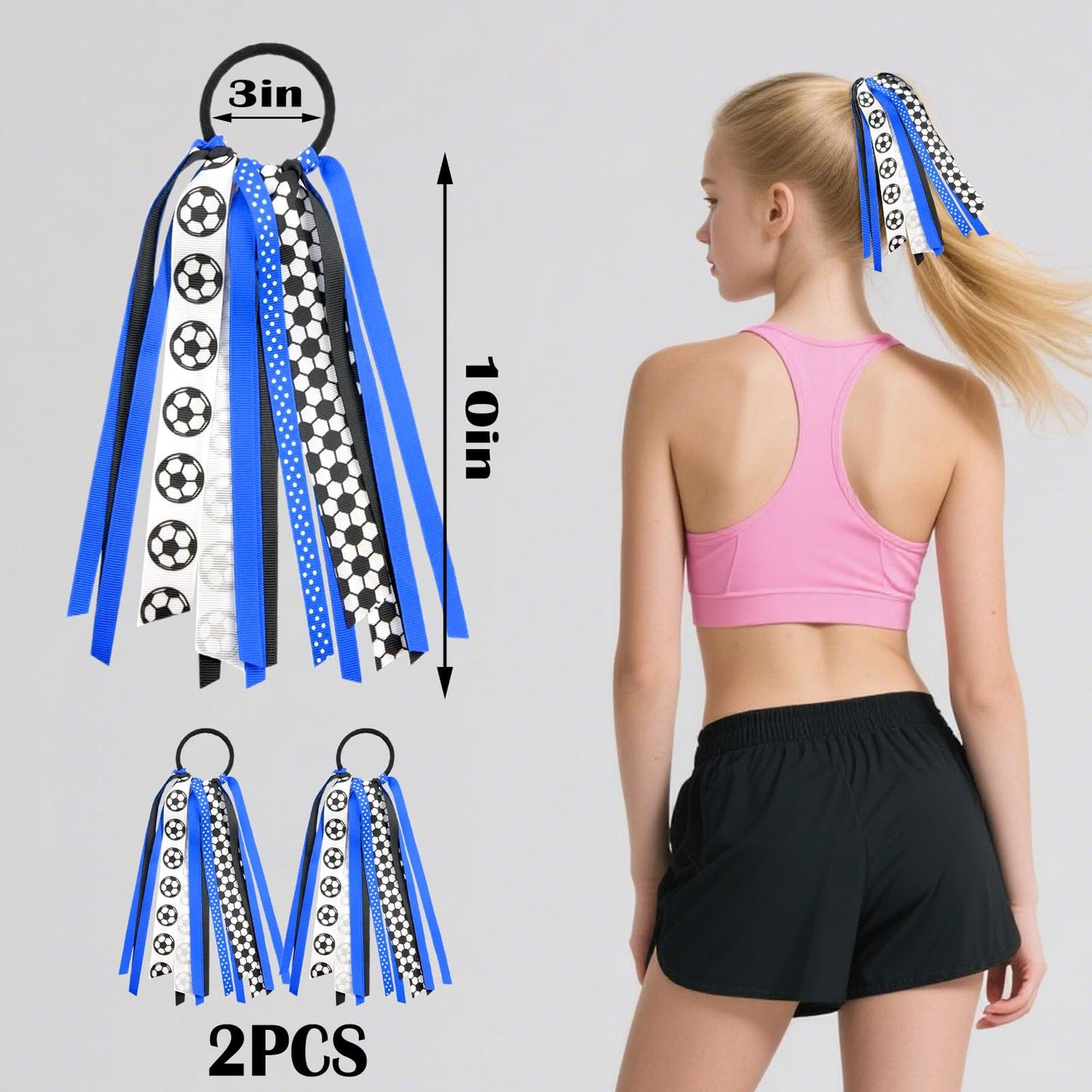 Ftuuo 2pcs Soccer Ponytail Holders Hair Ribbons Streamer Blue Black Soccer Elastic Hair Ties Band Hair Scrunchies Game Day Party Accessories Back School Gift for Women Cheerleader Fans