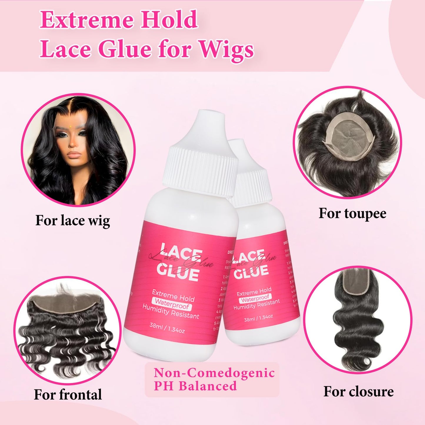 Extreme Hold Lace Glue for Wigs, Waterproof Oil-Resistant Wig Glue for Front Lace Wig, Strong Invisible Bonding Adhesive, 1.3oz, Non-Toxic, No Shine, No Odor or Latex