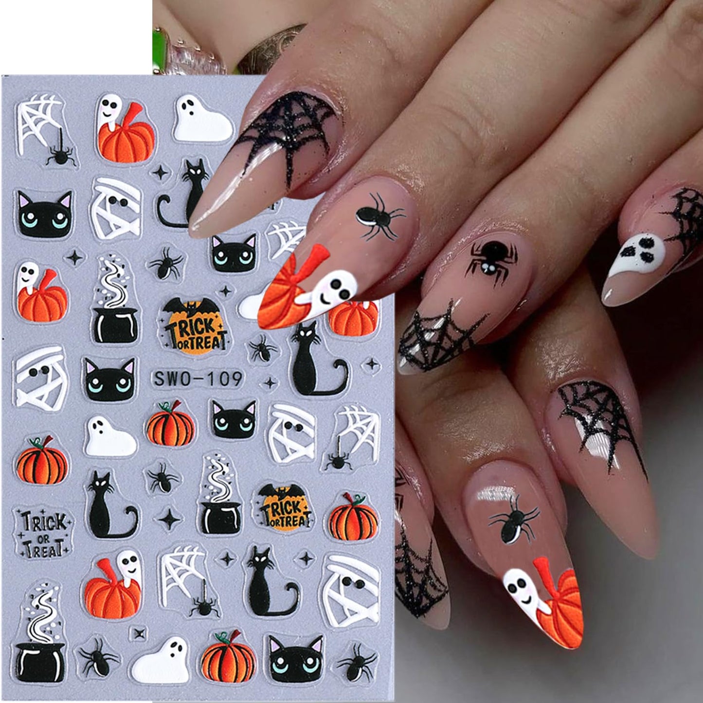 4 Sheets Halloween Nail Stickers for Nail Art Scary Black Cat Mummy Spider Web Nail Art Stickers 5D Spider Pumpkin Nail Decals Self-Adhesive Ghost Skeleton Nail Supplies for Women Nails Decoration