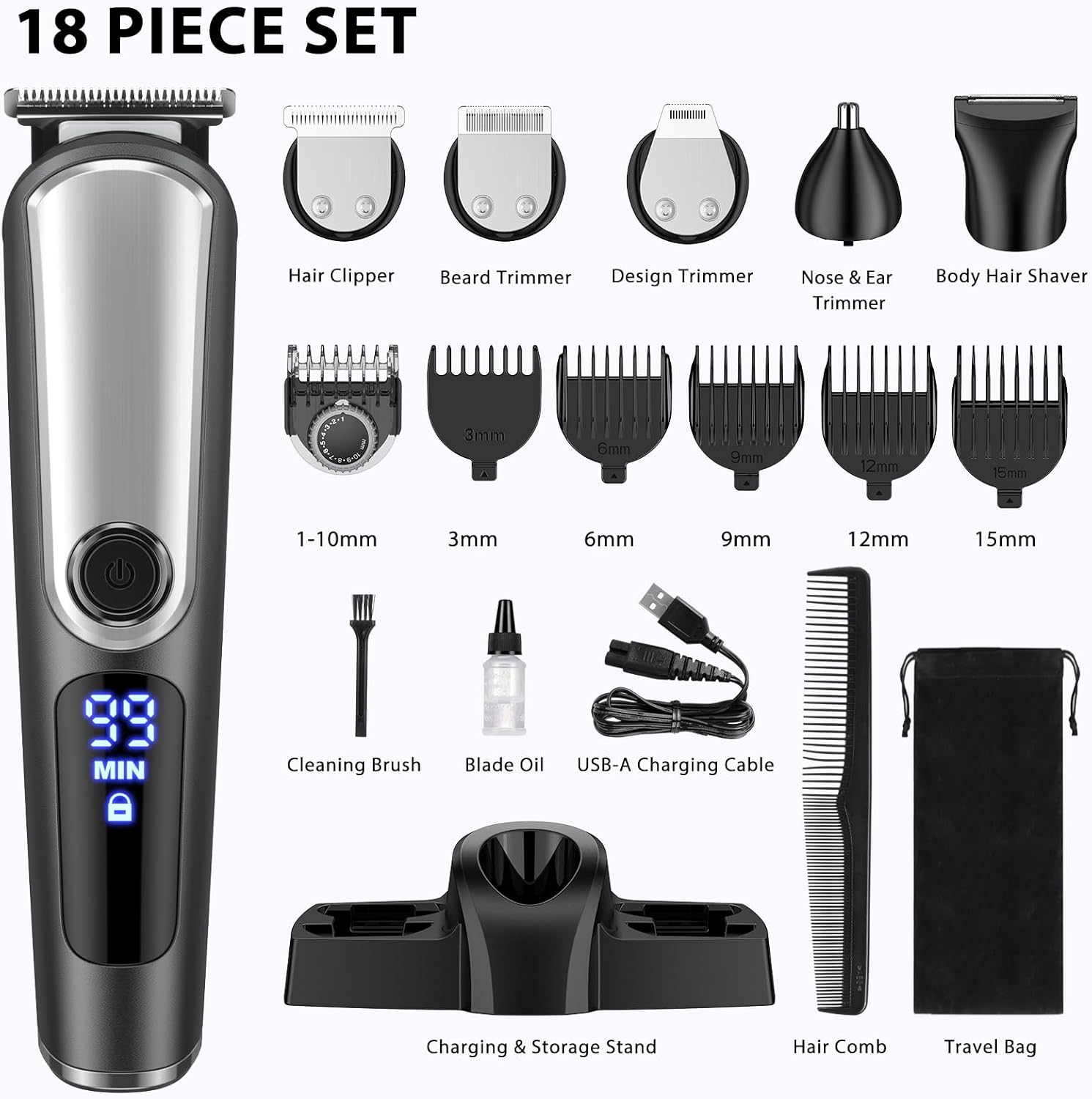 Beard Trimmer for Men - Cordless Waterproof Grooming Kit with LED Display