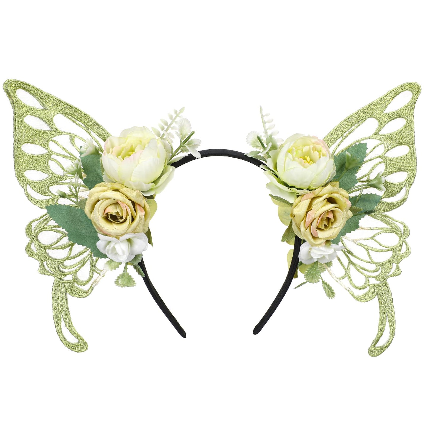 MOSTORY Green Flower Fairy Crown - Butterfly Wings Headband Floral Hairband Woodland Headpiece Fairy Costume for Women Princess Renaissance Ren Faire Elf Cosplay Halloween