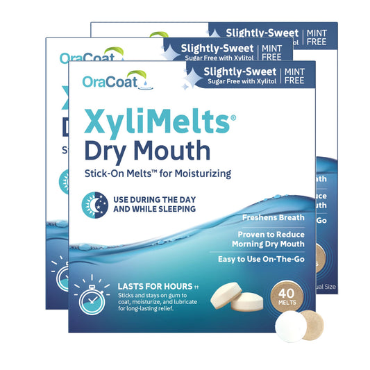 Oracoat XyliMelts for Dry Mouth Night Time or Day - Moisturizing Dry Mouth Adhering Discs, Sugar Free with Xylitol, 40 Count - 3 Pack, Slightly-Sweet Flavor, 8-Hour Relief