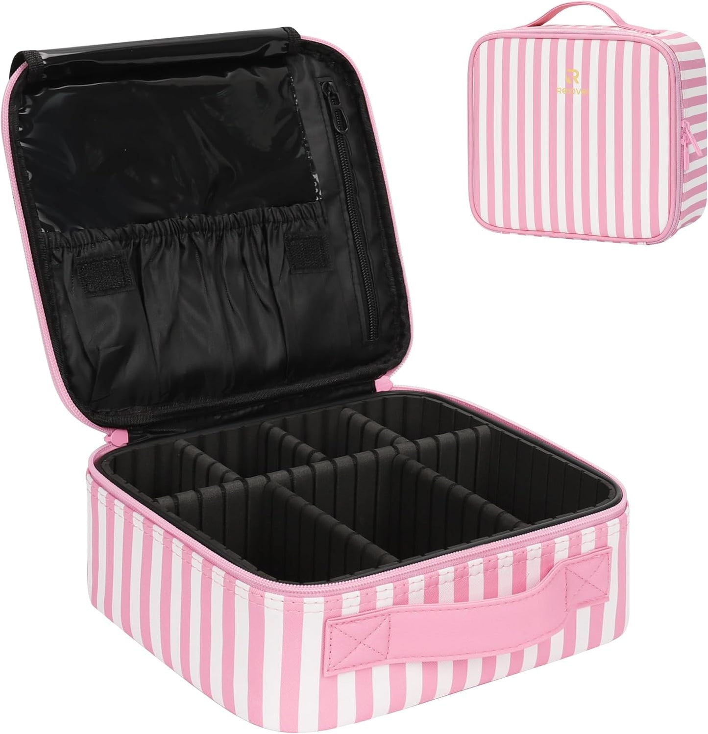 Relavel Portable Travel Makeup Case Organizer with Adjustable Dividers - Black Cosmetic Storage for Brushes, Toiletries & Jewelry