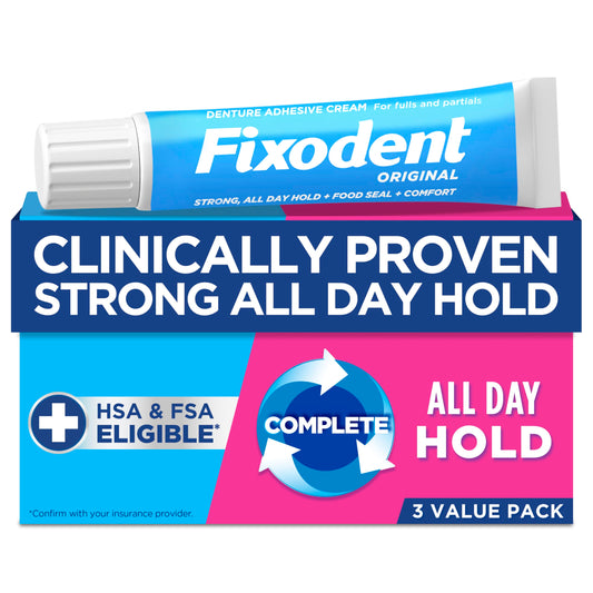Fixodent Complete Original Denture Adhesive Cream, 2.4 oz, 3 Pack (Packaging May Vary)