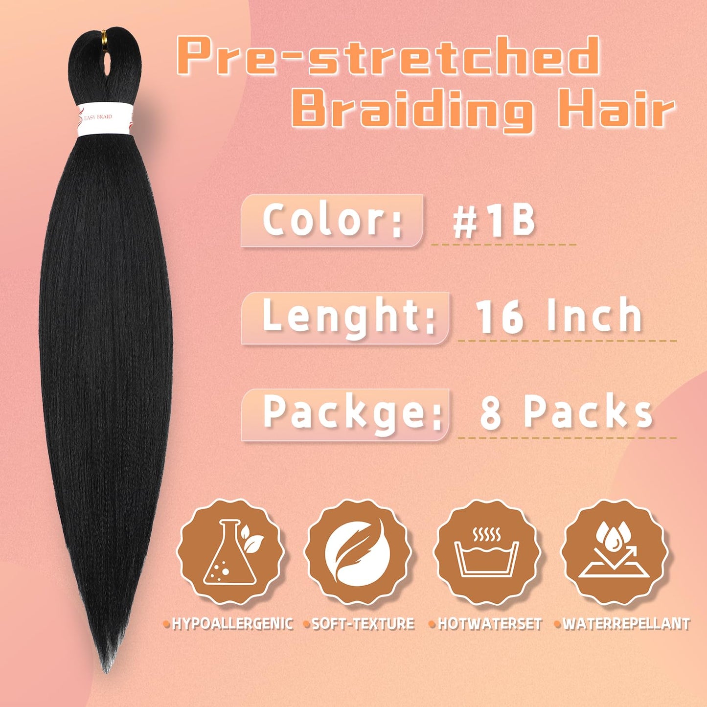 Braiding Hair Pre Stretched 16 Inch 8 Packs Professional Synthetic Braiding Hair for Box Braids/Twists/Crochet Braids No Itch Hot Water Setting Soft Yaki Texture (1B#)
