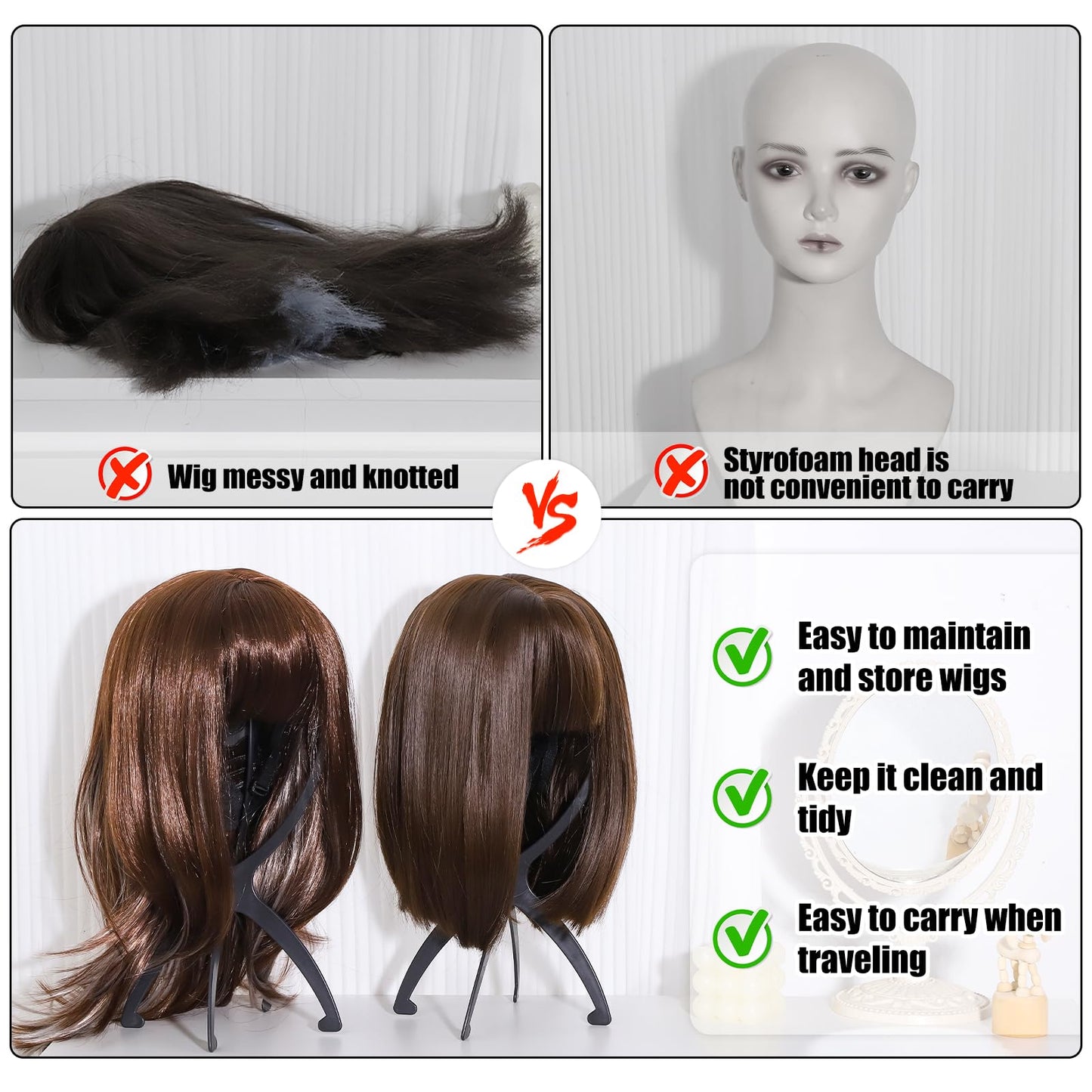 obeoby Wig Stand, Portable Wig Holder Wig Head Stand for All Wigs Travel Wig Hair Stylist Gifts for Women(black (2 pack))