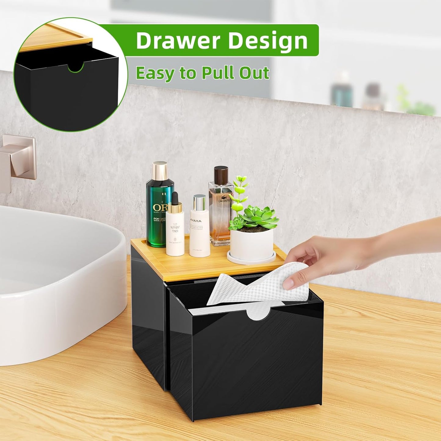 VITVITI Acrylic Face Towel Holder Box - Large Disposable Towel Storage with Bamboo Lid for Bathroom & Vanity
