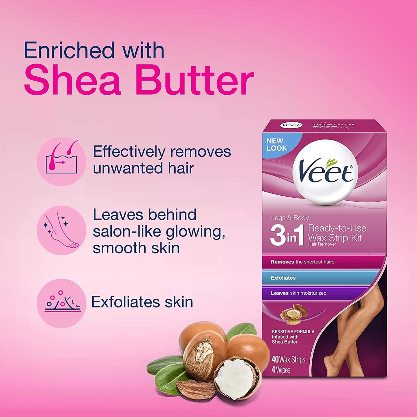 Veet Cold Wax Strips for Legs & Body - 80 Total Strips, Smooth Hair Removal