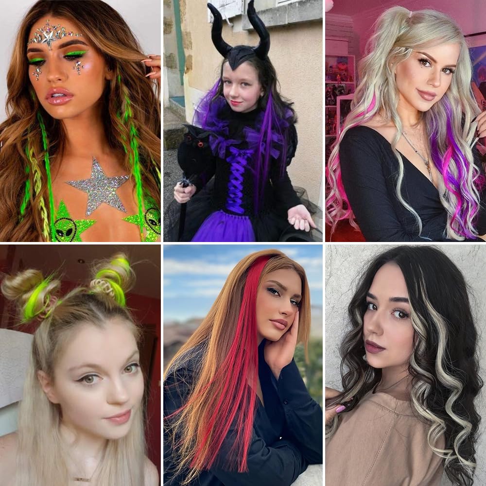 FESHFEN Colored Clip in Hair Extensions - 10 PCS Pink Highlighted Hair Piece Straight Synthetic Clip in Hairpieces for Women 22 inch