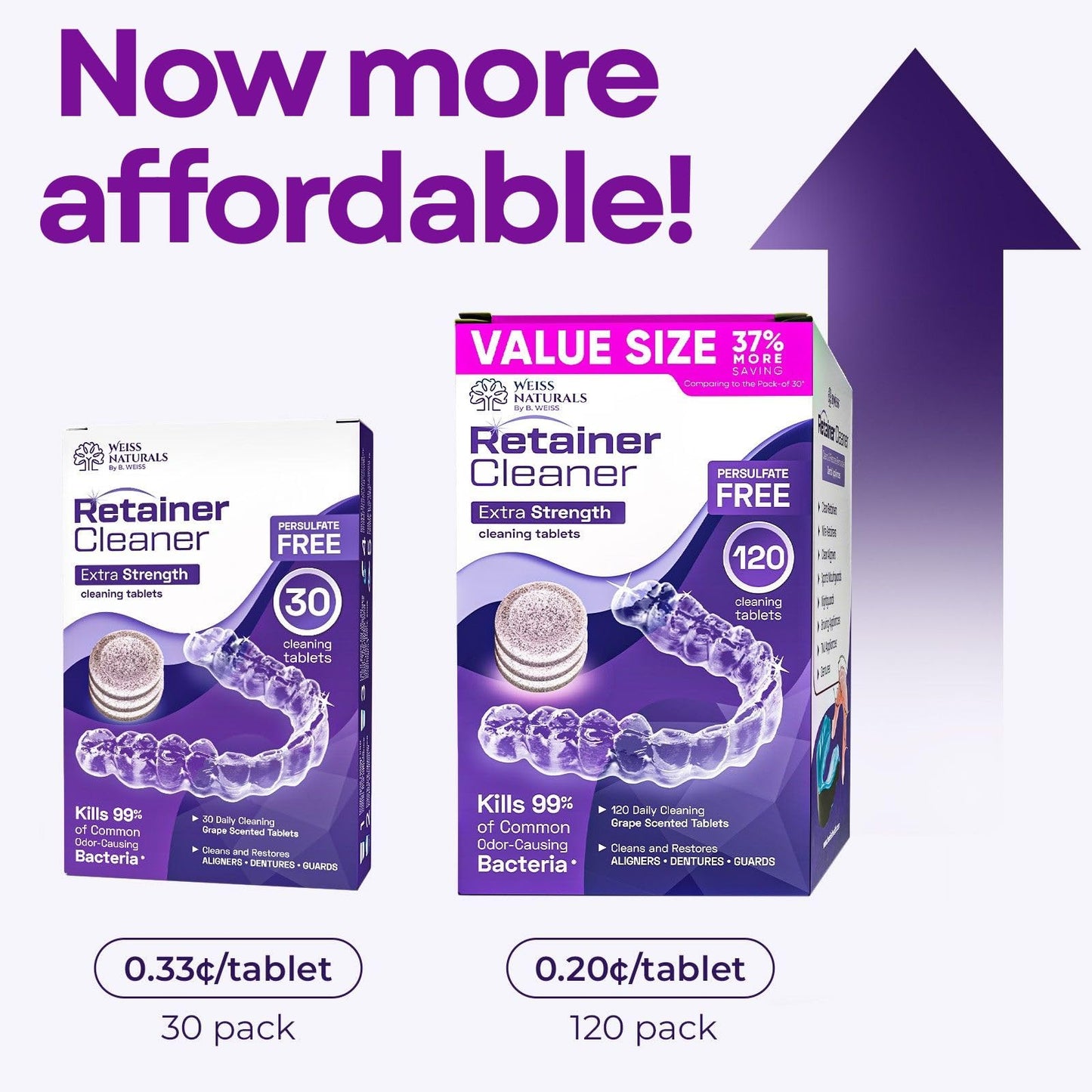 Weiss Naturals Retainer Cleaner Tablets, Invisalign Cleaner, Remove Stains, Odors & Plaque, FSA & HSA Eligible, PERSULFATE FREE Night Guard & Denture Cleaner 1-Month Supply, 30 Grape Scented Tablets