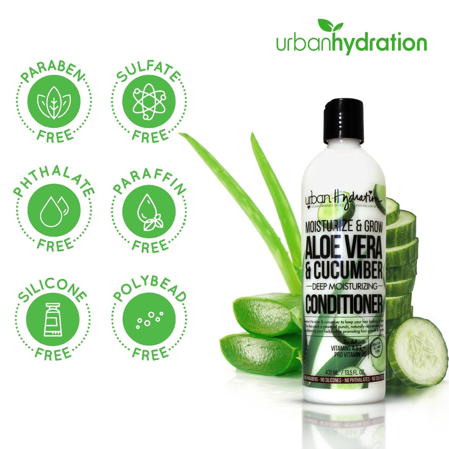 Urban Hydration Hydrate and Grow Aloe Vera & Cucumber Moisturizing Conditioner, Promotes Hair Growth and Hydration - Silicone, Paraben and Sulfate Free - 13.5 FL Oz