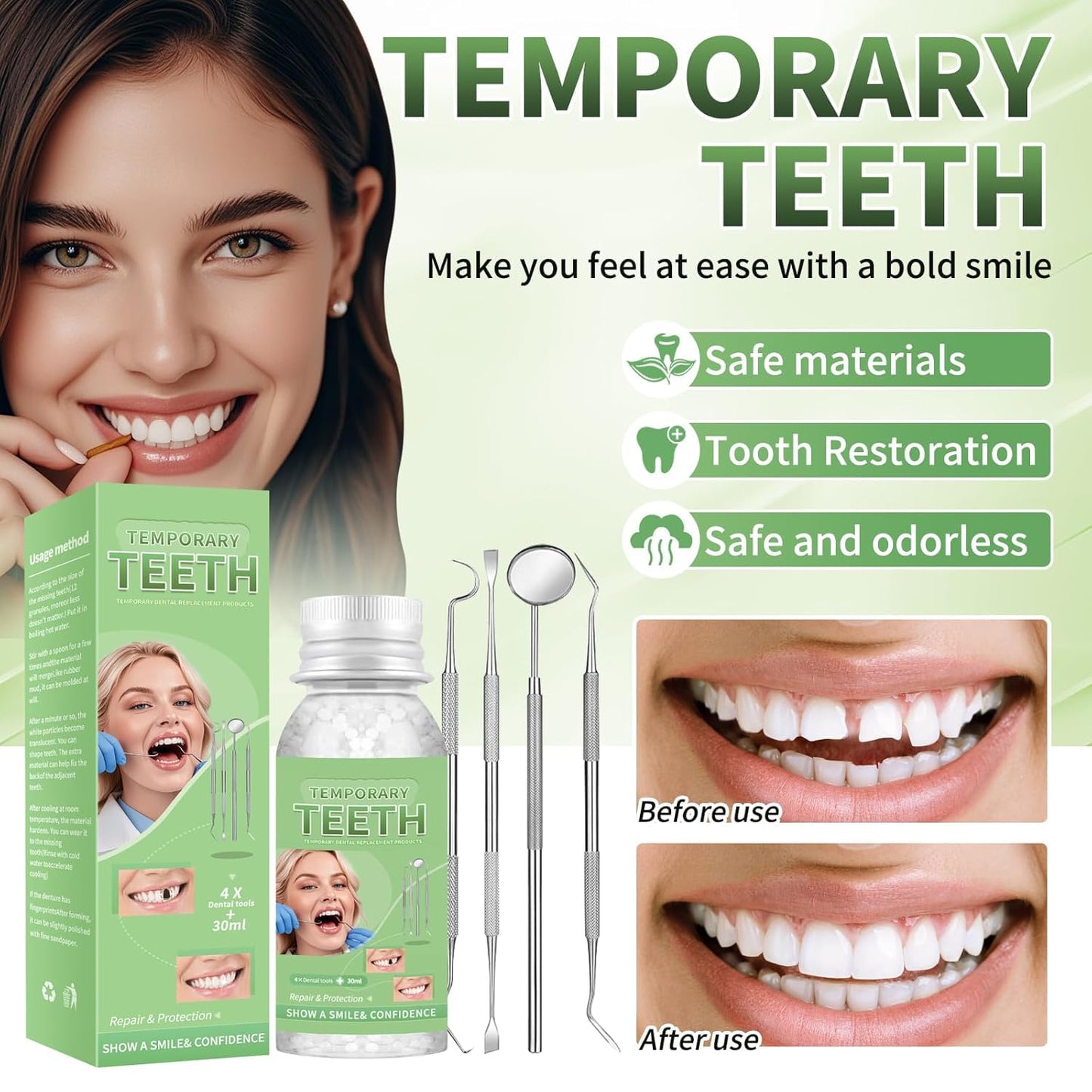 Tooth Repair Kit, Moldable Tooth Filling Repair Kit, Fake Teeth DIY at Home, Fixing Missing & Broken Tooth Replacements, with 4 Dental Tools-V04