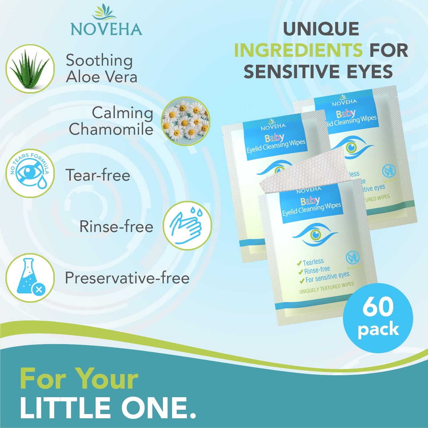 NOVEHA Baby Eyelid & Lash Wipes | Safe & Natural Pack of 60 Pre-moistened Wipes