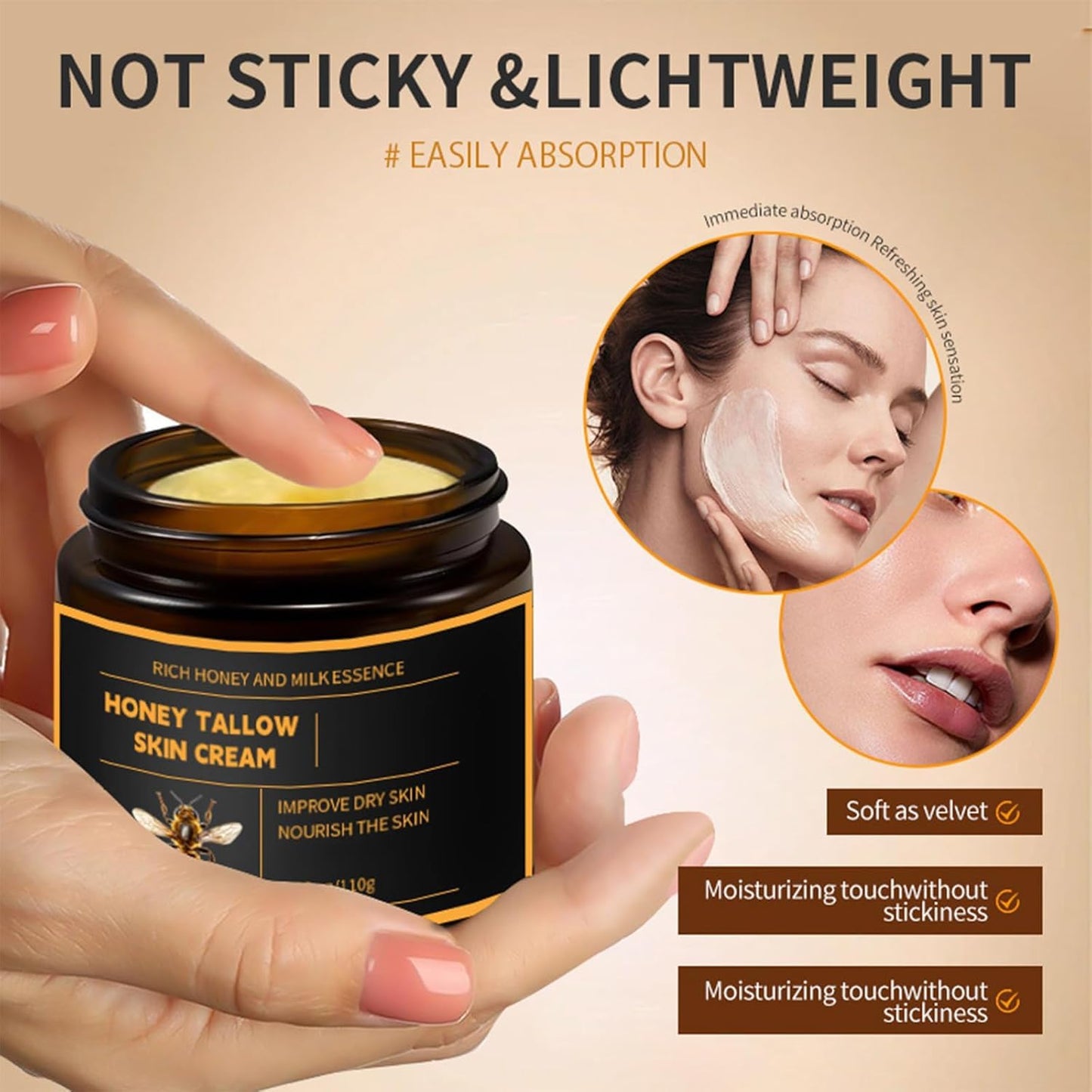 Marroomi Tallow Honey Balm, Tallow and Honey Balm for Face, 100% Organic Whipped Beef Tallows Face Moisturizer with Raw Honeys and Beeswax, Deep Nourishing (1Pcs)
