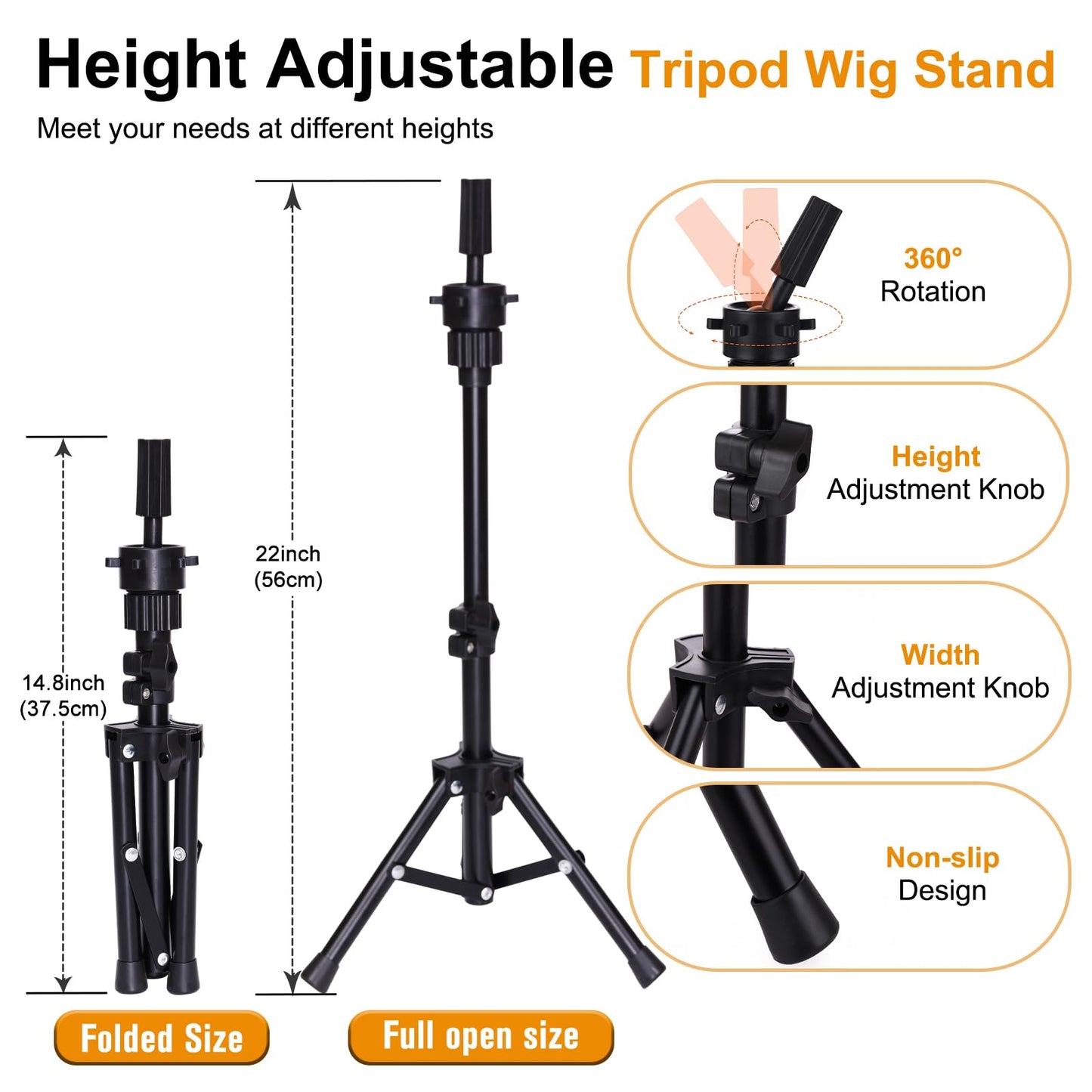 PWEOUKE 22 Inch Canvas Wig Head with Stand for Wigs ,Height Adjustable Wig Stand Tripod with Canvas Block Wig Head,Manikin Head Block Set for Cosmetology with Wig Stand and Storage Bag 22 Inch