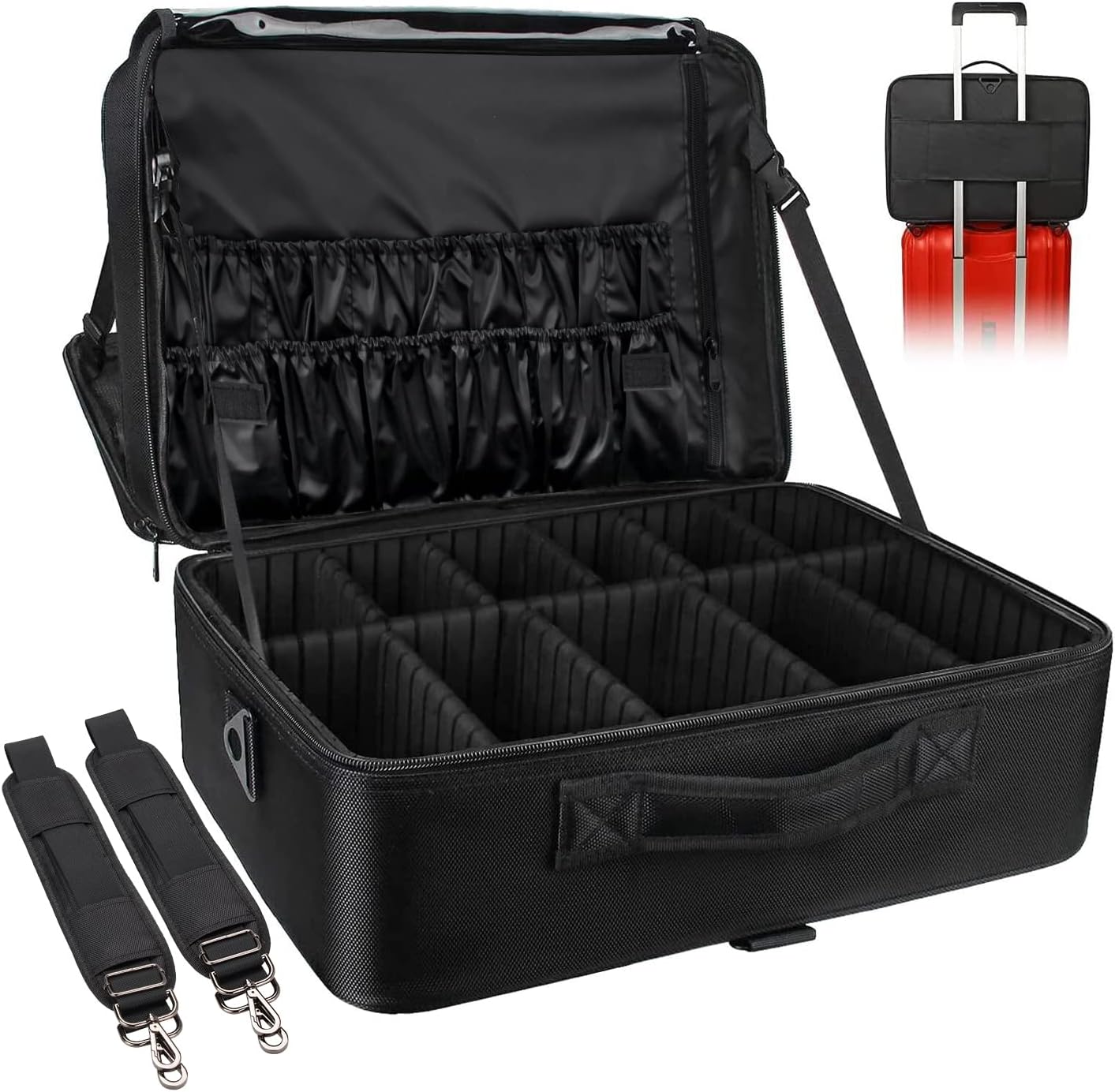 Relavel Portable Travel Makeup Case Organizer with Adjustable Dividers - Black Cosmetic Storage for Brushes, Toiletries & Jewelry