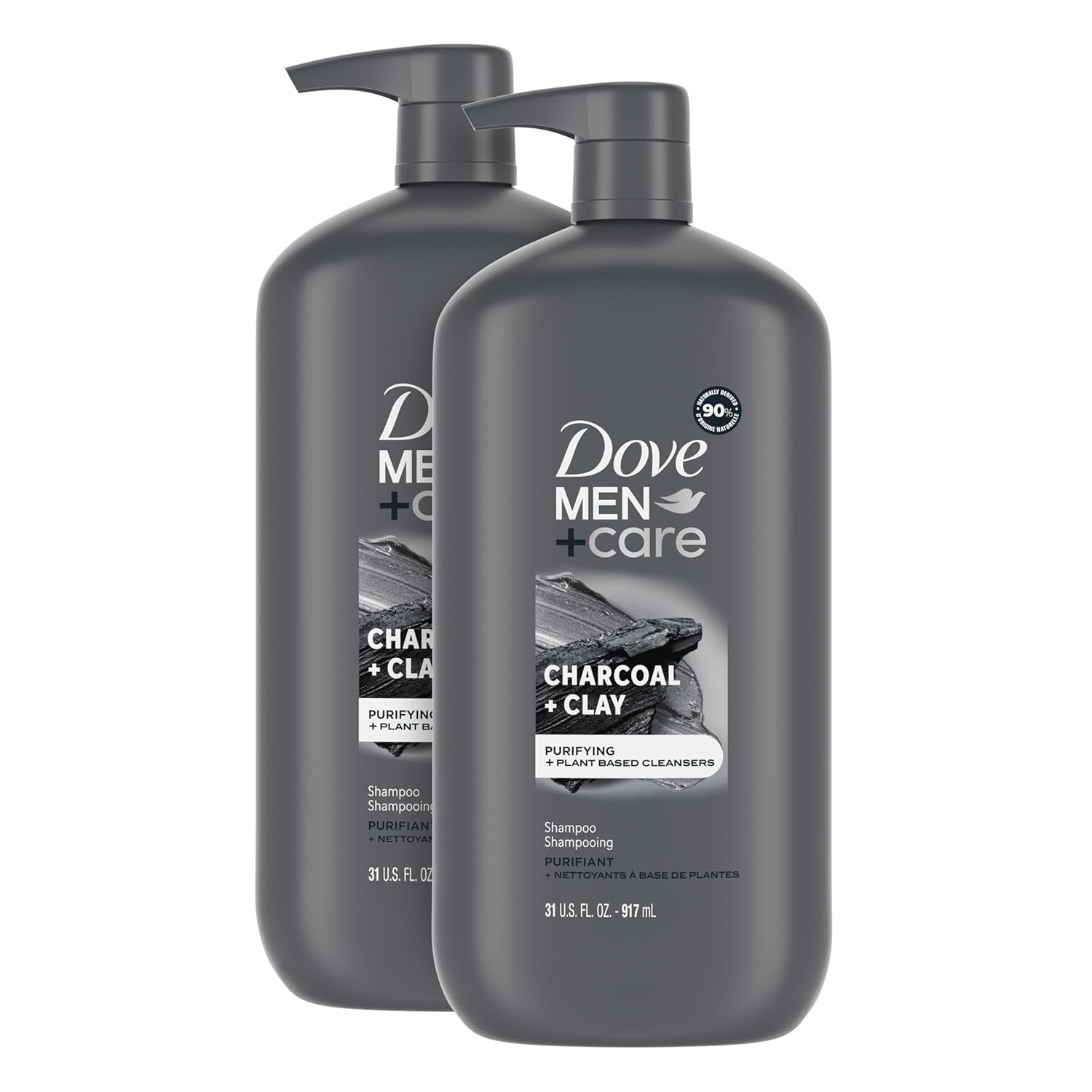 Dove Men+Care Charcoal & Clay Shampoo 2-Pack - Strengthening Plant-Based Cleanser, 31 oz