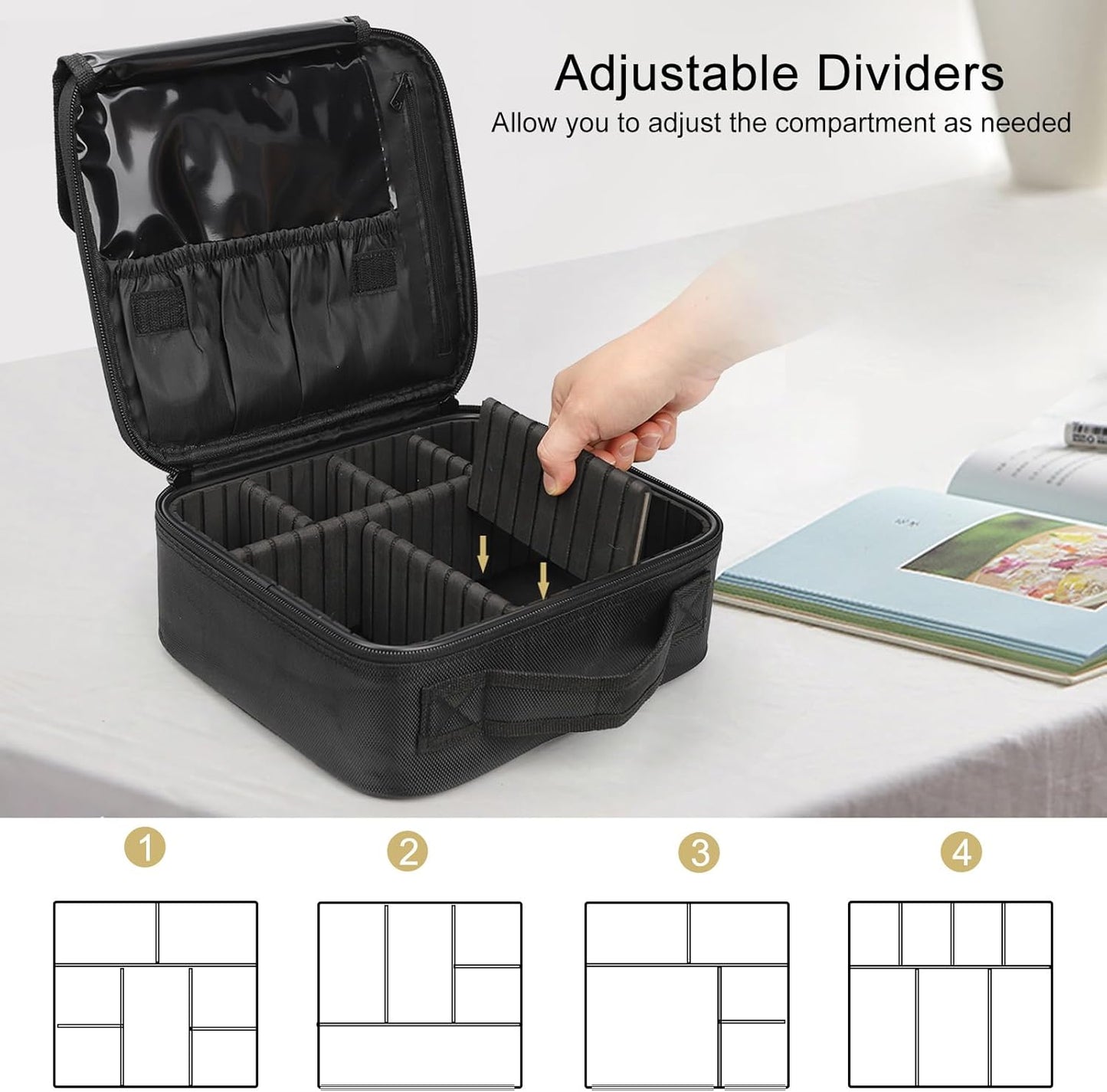 Relavel Portable Travel Makeup Case Organizer with Adjustable Dividers - Black Cosmetic Storage for Brushes, Toiletries & Jewelry