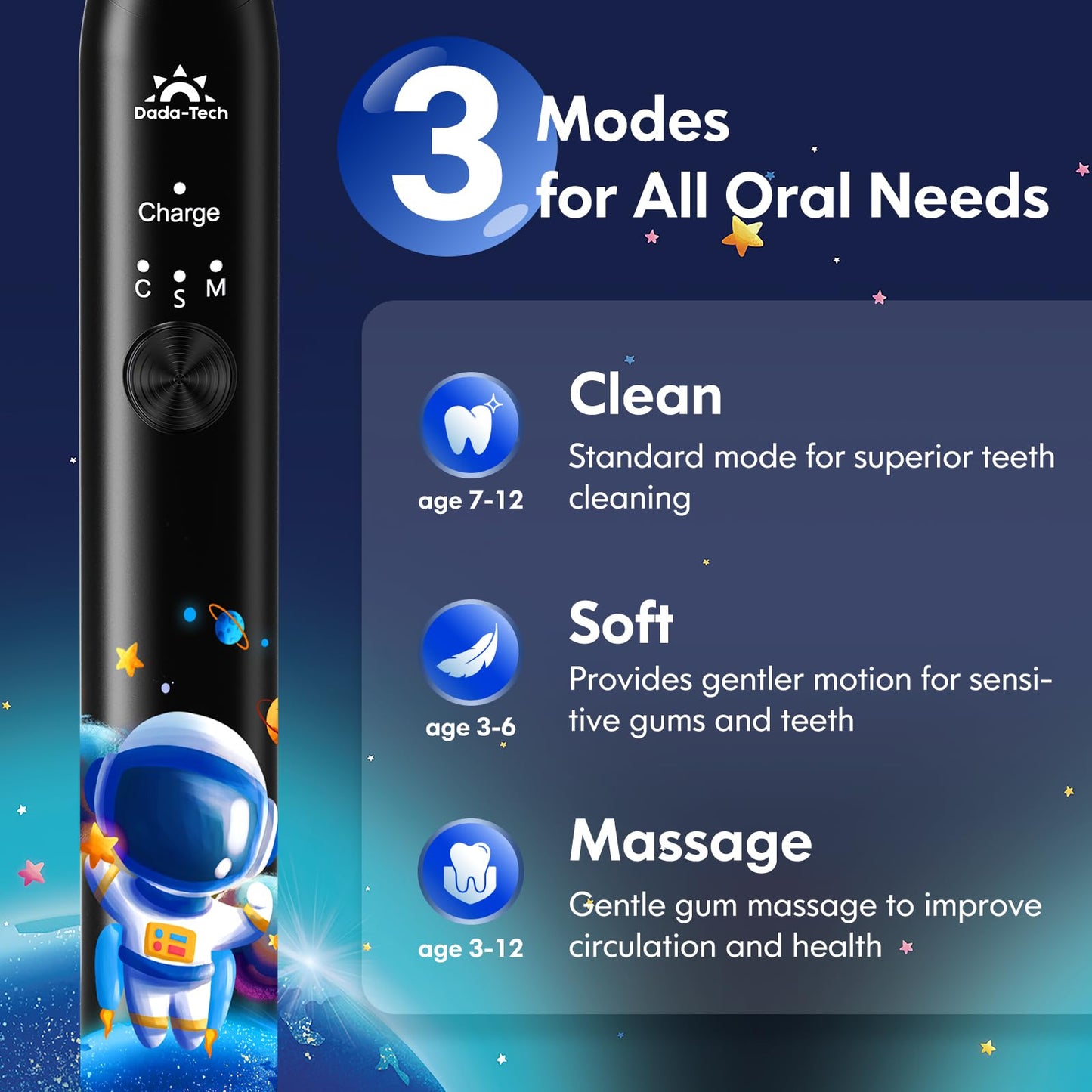 Kids Electric Toothbrush Rechargeable Age 3-5-6-12-18 Year Old, Sonic Toothbrush Kids with Timer 3 Modes 4 Vibrating Heads Habit Stickers Tooth Brush for Girls Boys and Childrens (Astronaut Black)