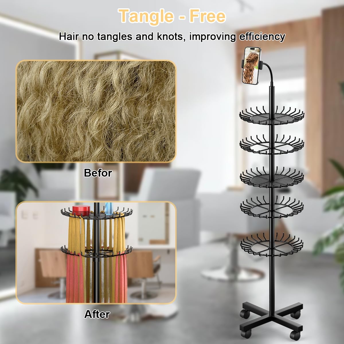 VIFOCUFY Braiding Hair Rack Standing Hair Extension Holder - 140 Pegs Braiding Hair Rack & Divider Stand with Phone Holder for Displaying and Separating Hair
