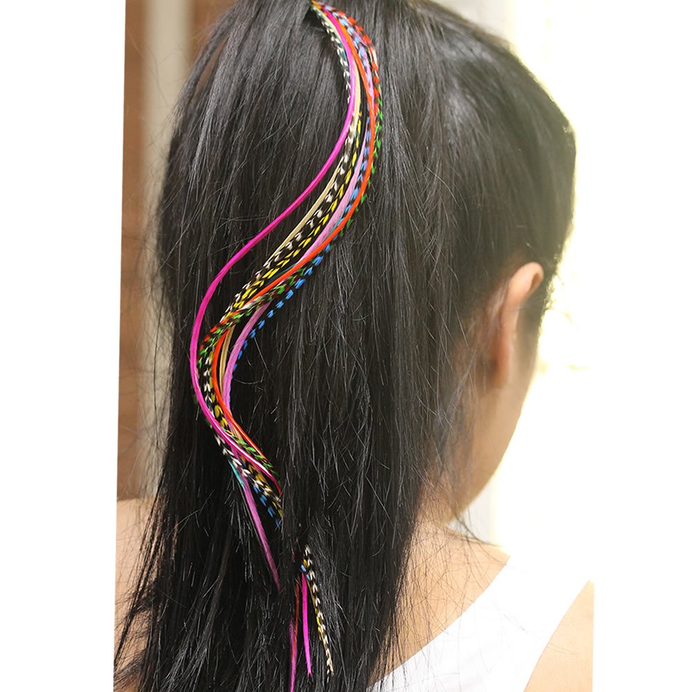 Feather Hair Extension – 100% Real Rooster Grizzly and Solid Feathers, Rainbow Colors Individual Feathers, Ranging From 8 to 11 Inches in Length, Total of 20 Feathers, Includes Beads and Loop Tool Kit