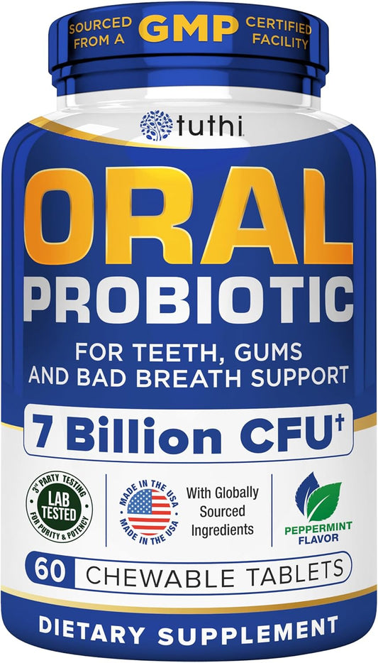 Oral Probiotics for Bad Breath Treatment - Dental Health Lozenges for Adults - 60 Peppermint Chews