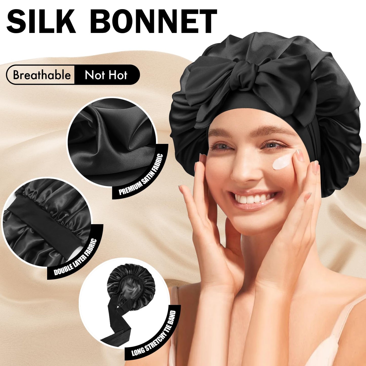 Doitory Silk Bonnet for Sleeping Women, Adjustable Soft Satin Lined Bonnet with Tie Band, Double Layer Sleep Night Cap for Natural & Curly Hair