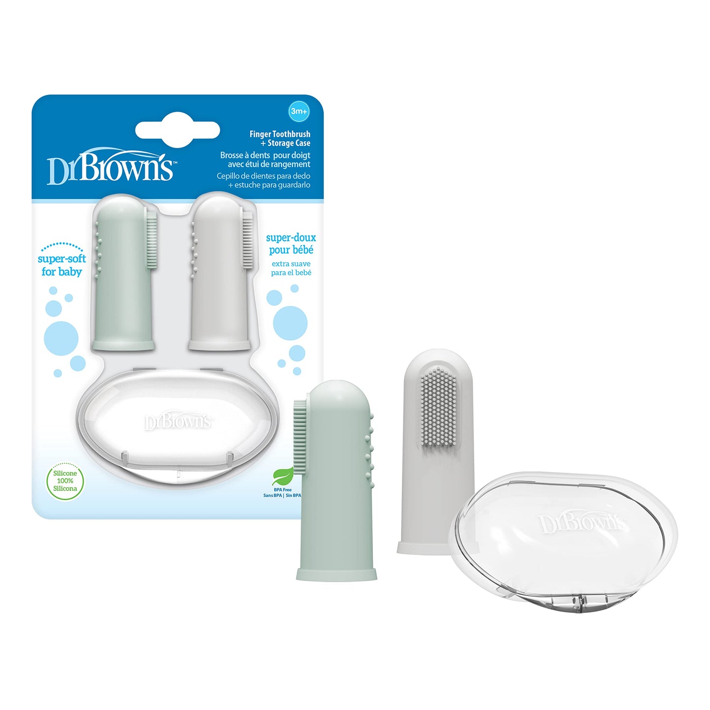 Dr. Brown's Silicone Finger Toothbrush for Baby with Travel-Storage Case, 3m+, Gray and Light Green, 2 Count, (Pack of 1)