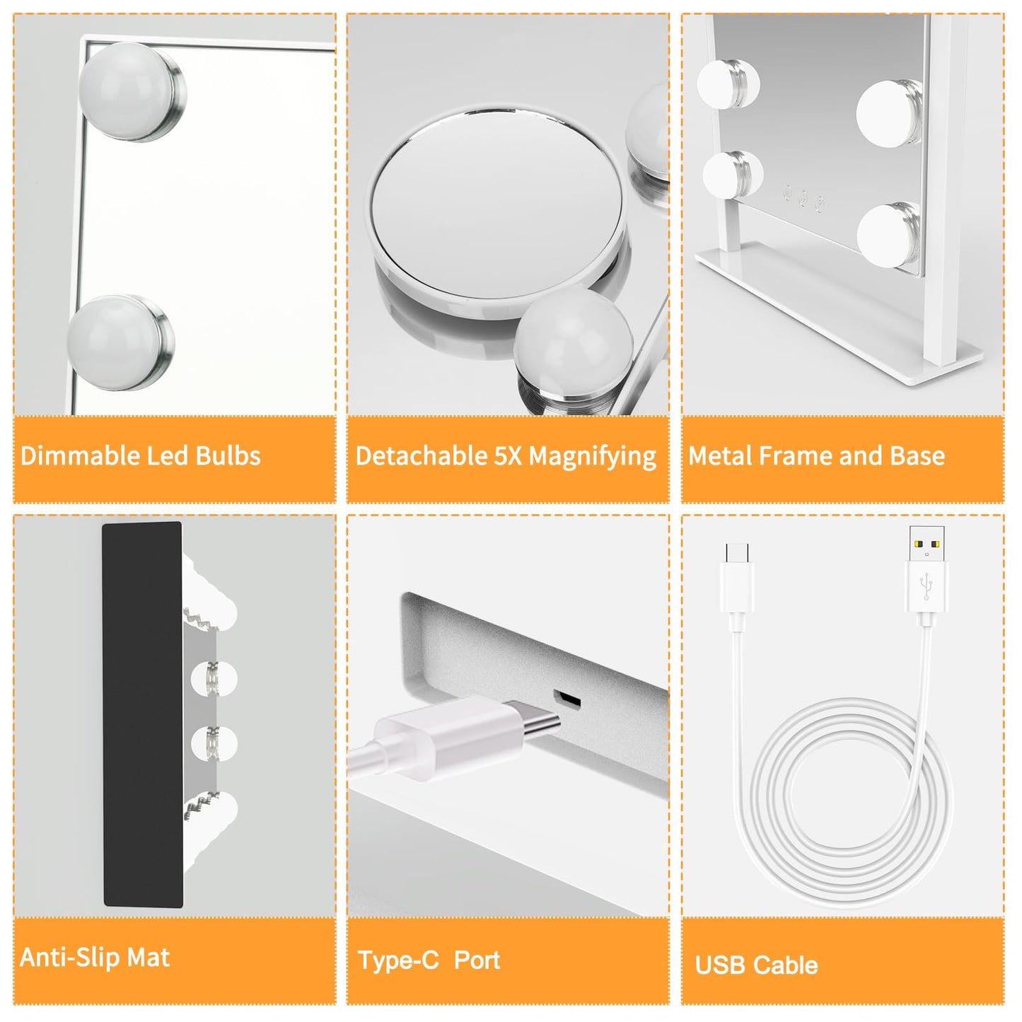 Vanity Mirror with Lights, Hollywood Lighted Makeup Mirror with 3 Color Lighting Modes and 9 Dimmable Bulbs, Detachable 5X Magnification, Smart Touch Control, 360°Rotation, White