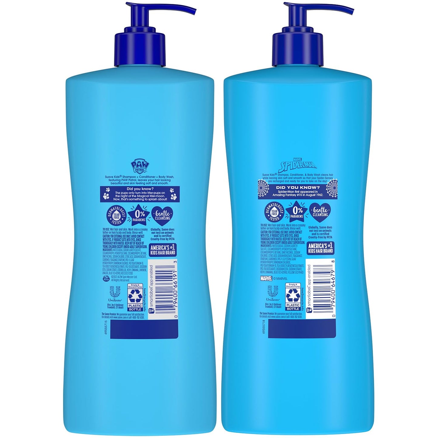 Suave Kids 3-in-1 Variety 2-Pack – Spiderman Fresh Spider-Sense & Paw Patrol Adventure Bay Breeze, Shampoo, Conditioner & Body Wash, 28 Oz Ea