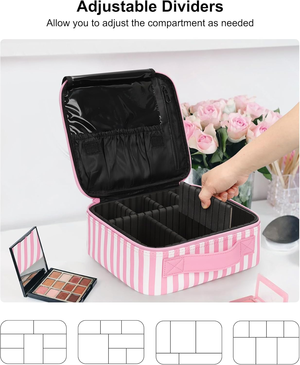 Relavel Portable Travel Makeup Case Organizer with Adjustable Dividers - Black Cosmetic Storage for Brushes, Toiletries & Jewelry