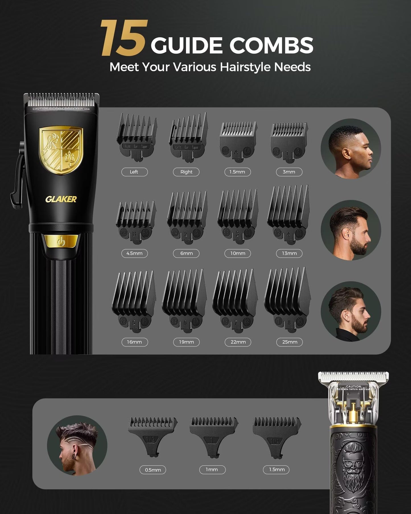 GLAKER Hair Clippers for Men Professional, Cordless Clippers for Hair Cutting, Mens Hair Clippers and Trimmer Kit for Barber with LED Display 15 Guide Combs