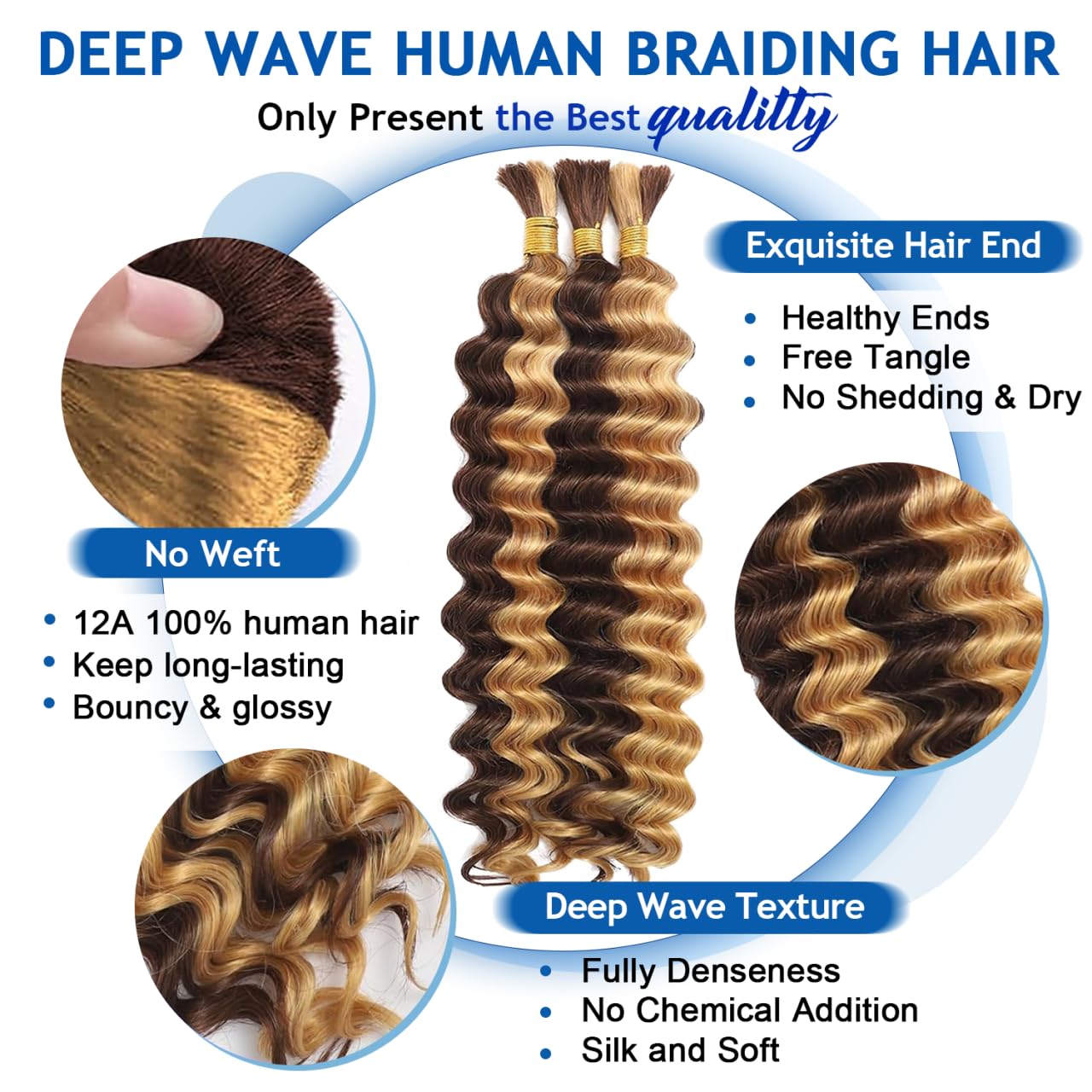 Bizvus Human Braiding Hair for Boho Braids 110g Deep Wave Boho Bulk Human Hair for Braiding Knotless 12A Wet and Wavy Bulk Bohemian Curly 3 Bundles/Pack #4/27 Ombre Balayage Color 16inch