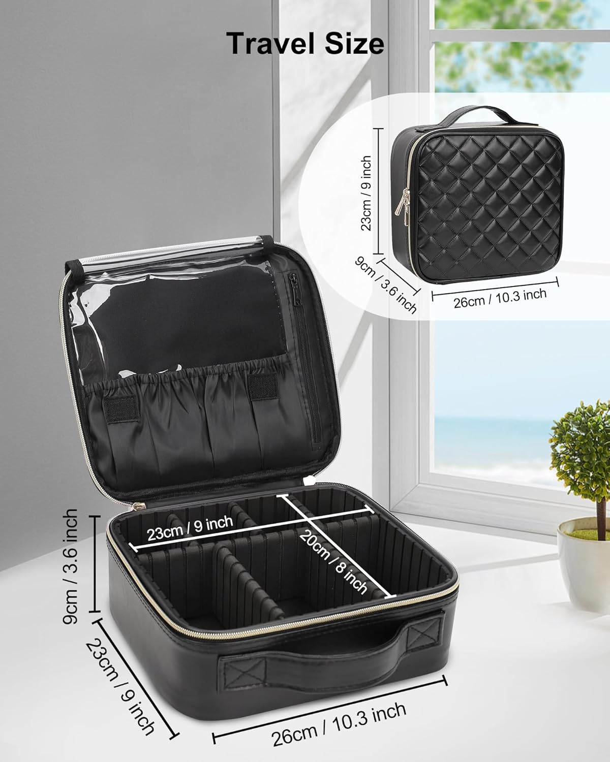 Relavel Portable Travel Makeup Case Organizer with Adjustable Dividers - Black Cosmetic Storage for Brushes, Toiletries & Jewelry