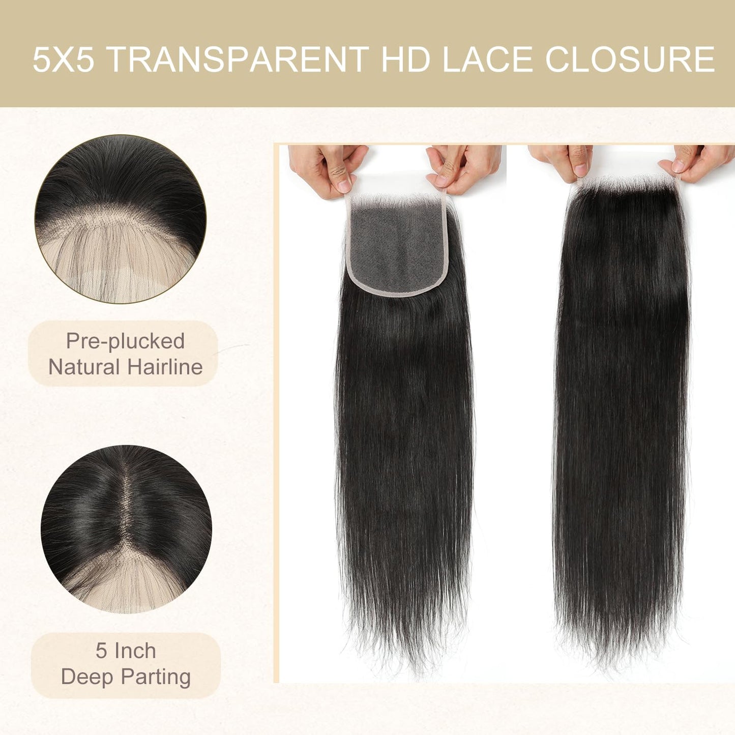 5x5 HD Lace Closure Body Wave Human Hair - Pre-Plucked Natural Hairline (10 Inch, Natural Color)