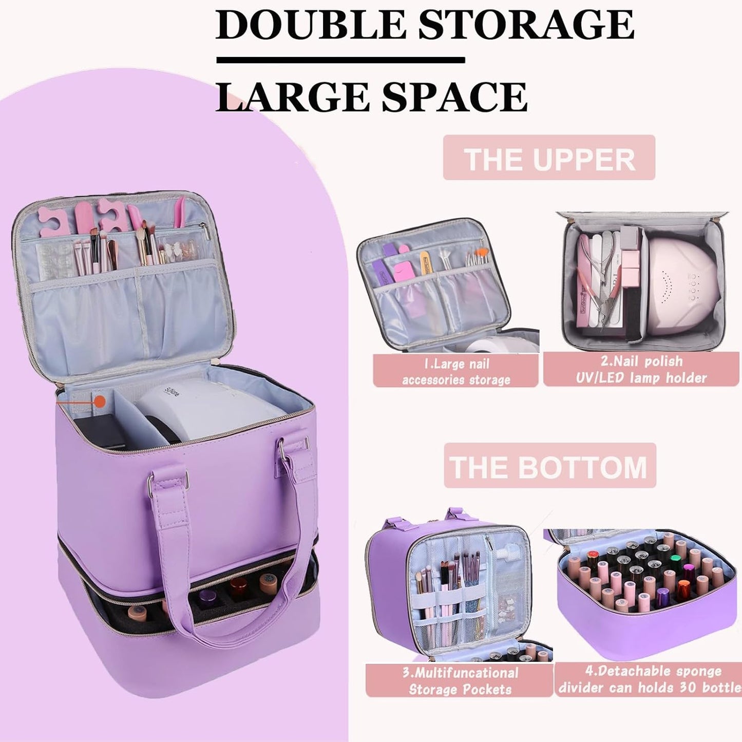 Nail Polish Organizer Bag with Travel Case for 30+ Bottles & Nail Lamp - Purple