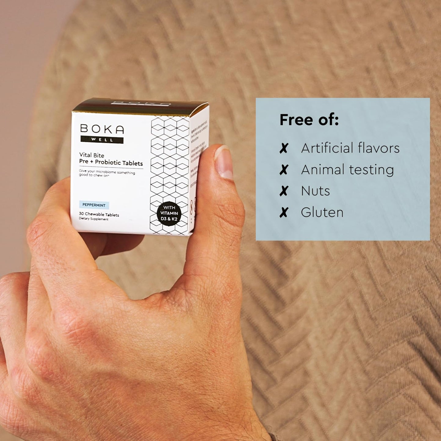 Boka Vital Bite Oral Pre + Probiotics - Sugar-Free Nut-Free Chewable Dental Probiotics for Teeth and Gums with BLIS K12, Vitamin D3 K2 for Men Women, Freshens Breath - Peppermint, 30 ct