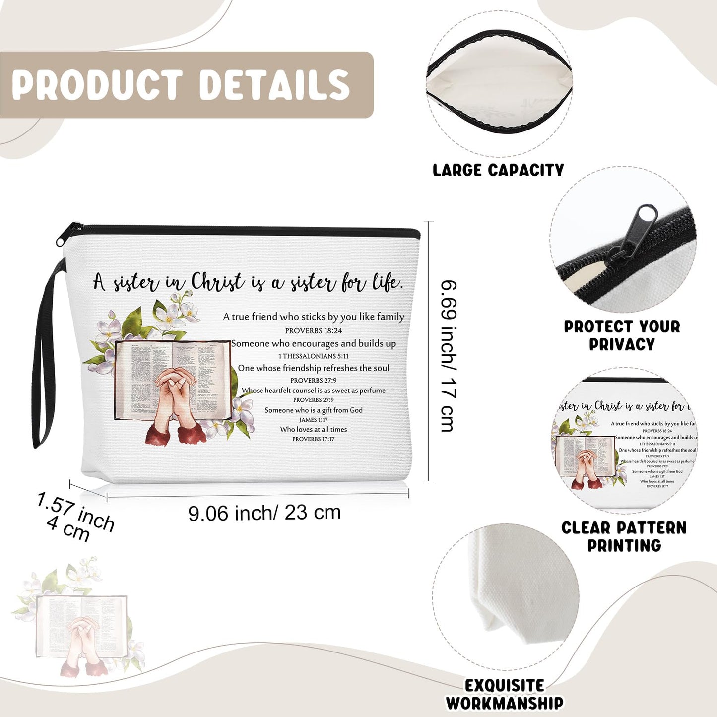 Dansydaisy 16 Pcs Christian Church Sister in Christ Makeup Bag Bible Verse Keychains for Women Birthday Friendship Gift