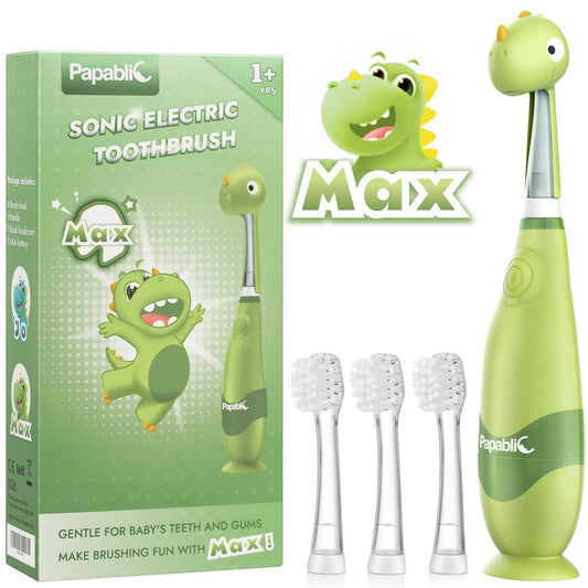 Papablic Toddler Sonic Electric Toothbrush Kids for Ages 1-3 Years, Baby Electric Toothbrush with Cute Dino Cover and Smart LED Timer, 4 Brush Heads (Max)
