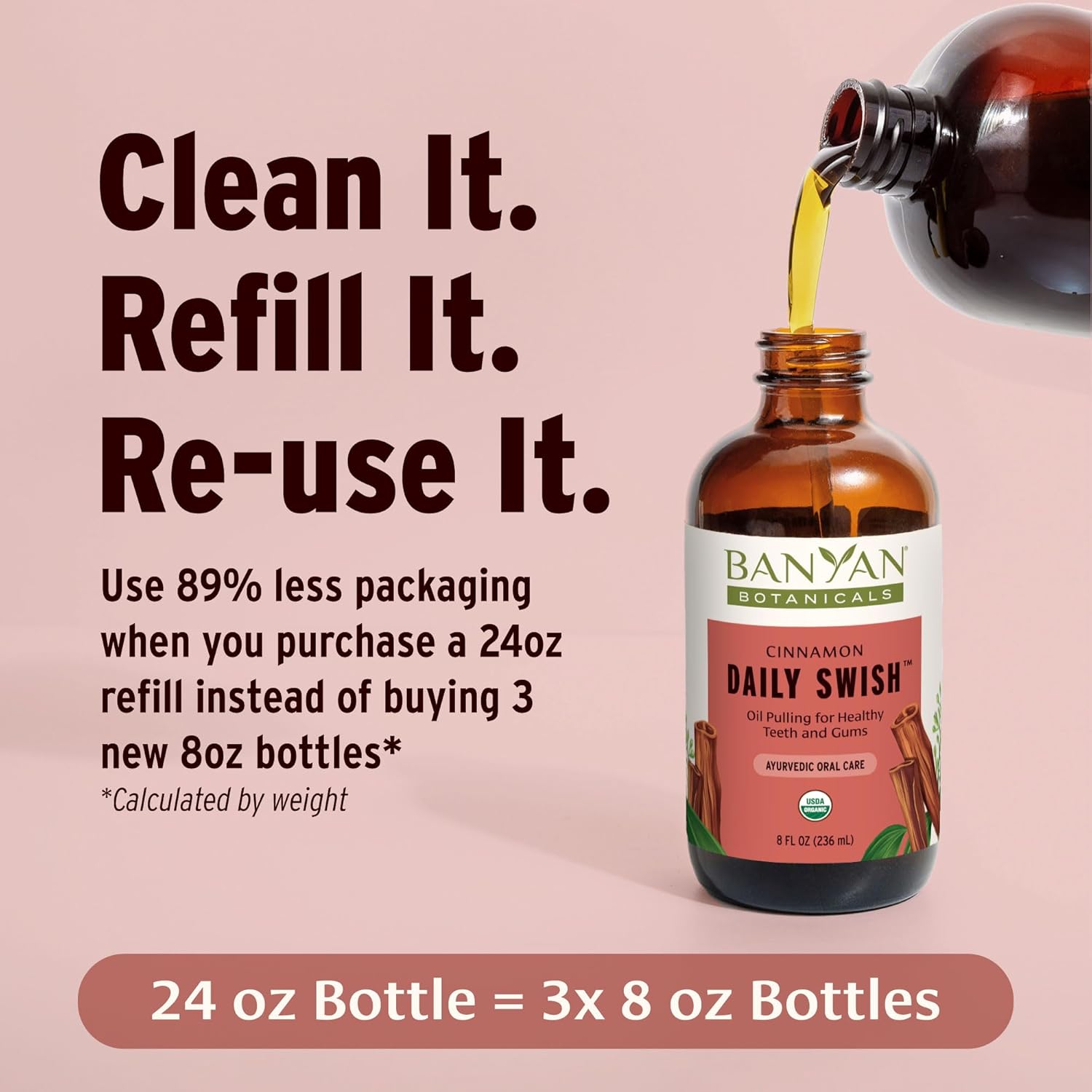 Organic Cinnamon Pulling Oil – Ayurvedic Mouthwash with Coconut Oil for Fresh Breath – 8 oz Vegan