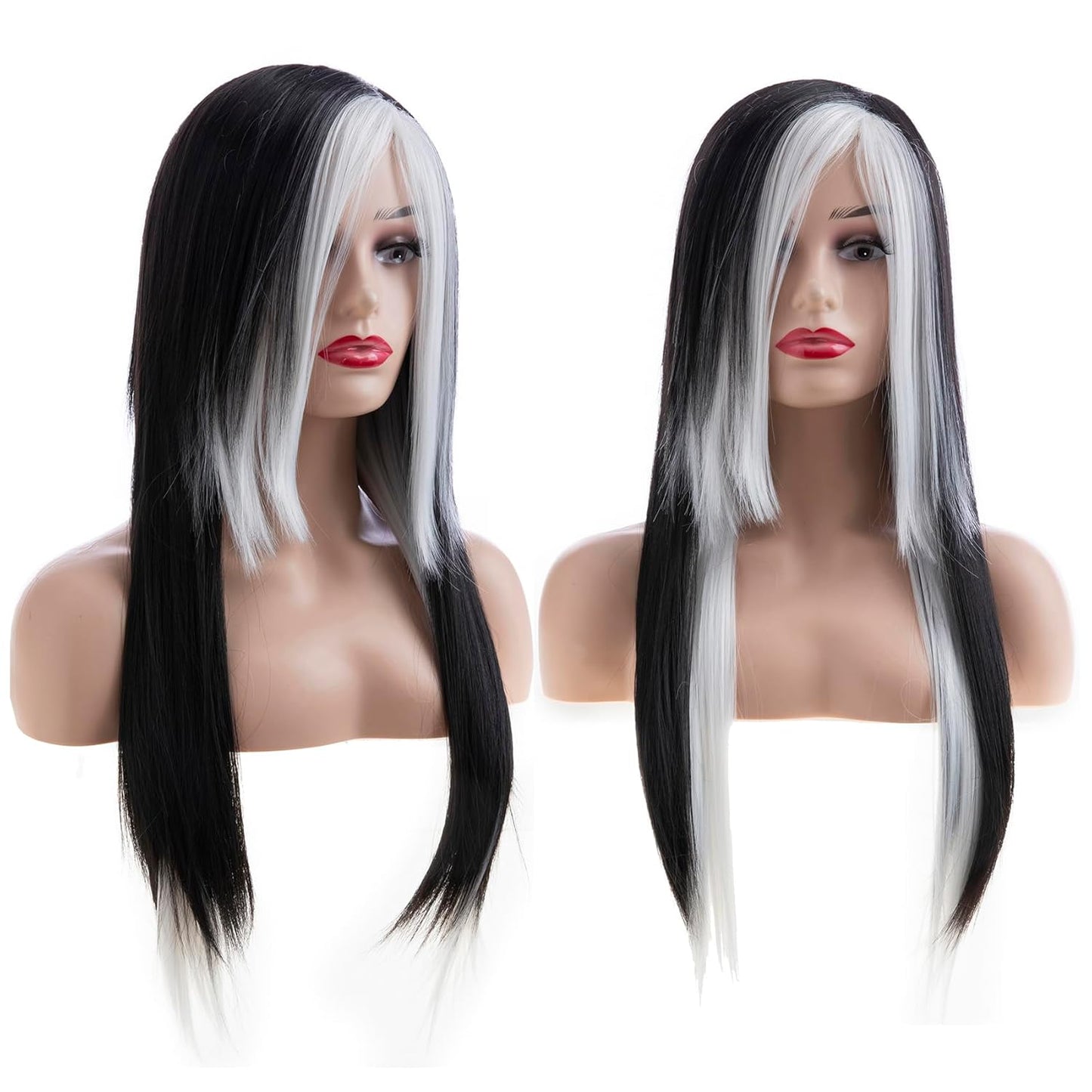 Silky Straight Long Red Black Wig with Side Bangs - Heat Resistant Synthetic Hair for Halloween