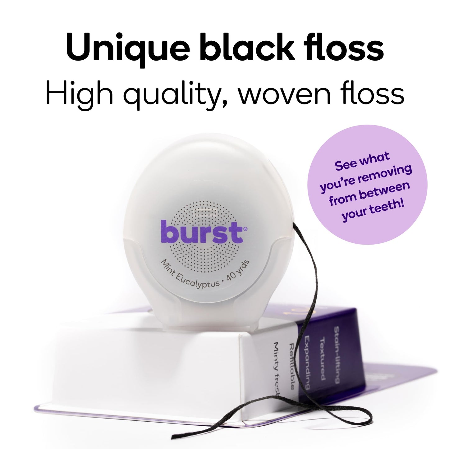 BURST Expanding Dental Floss (Mint Eucalyptus/40 Yards) | Stain Absorbing & Woven with Xylitol Coating to Fight Cavities | Vegan | Paraben Free