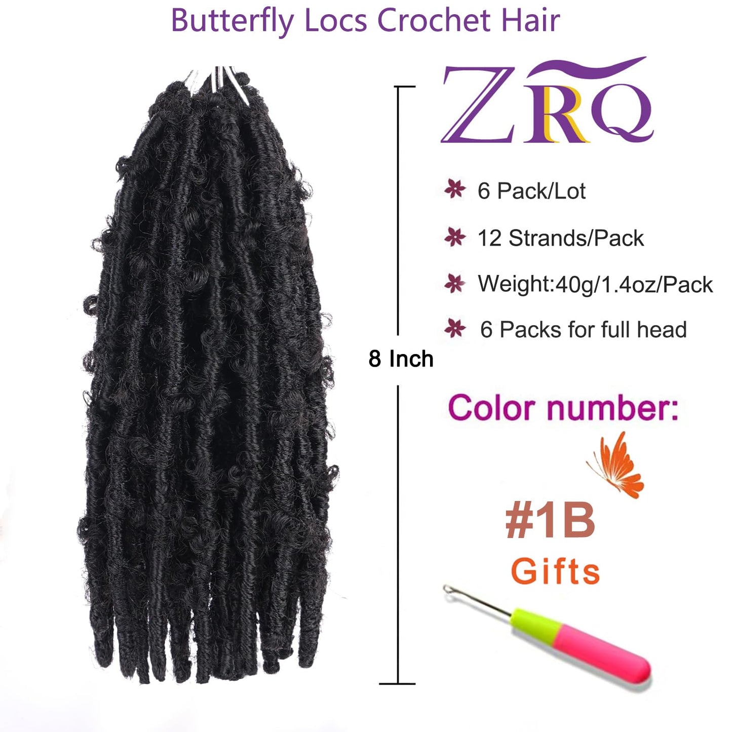 ZRQ Butterfly Locs Crochet Hair Short 6 Packs Black Crochet Bob Hair 8 Inch Messy Distressed Faux Locs Crochet Braids Pre-twisted Soft Locs Hair for Women #1B