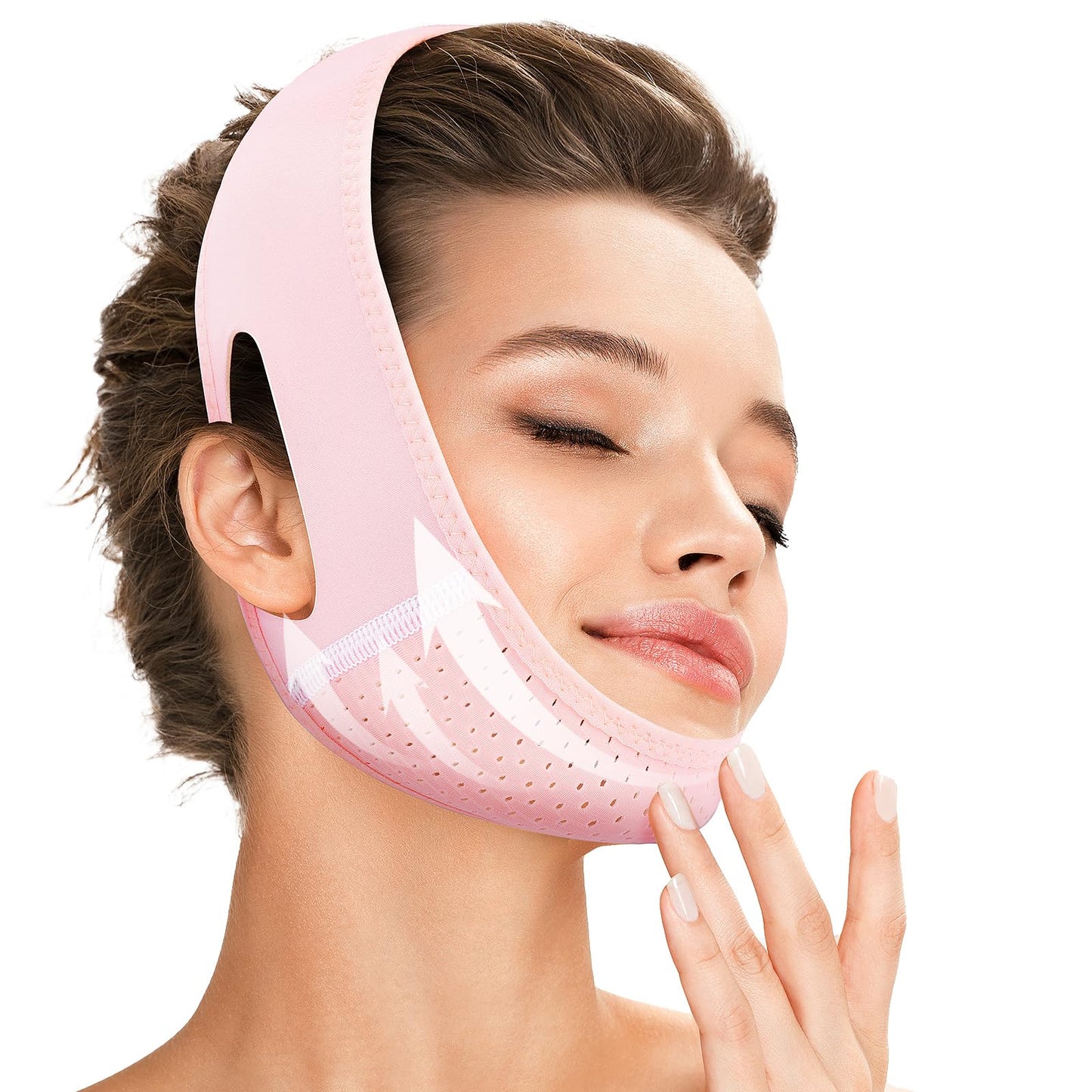 Juskaa Reusable V Line Lifting Mask with Chin Strap for Sleeping,Face Lift Prevent Sagging, Jaw Exerciser,Light Pink,M