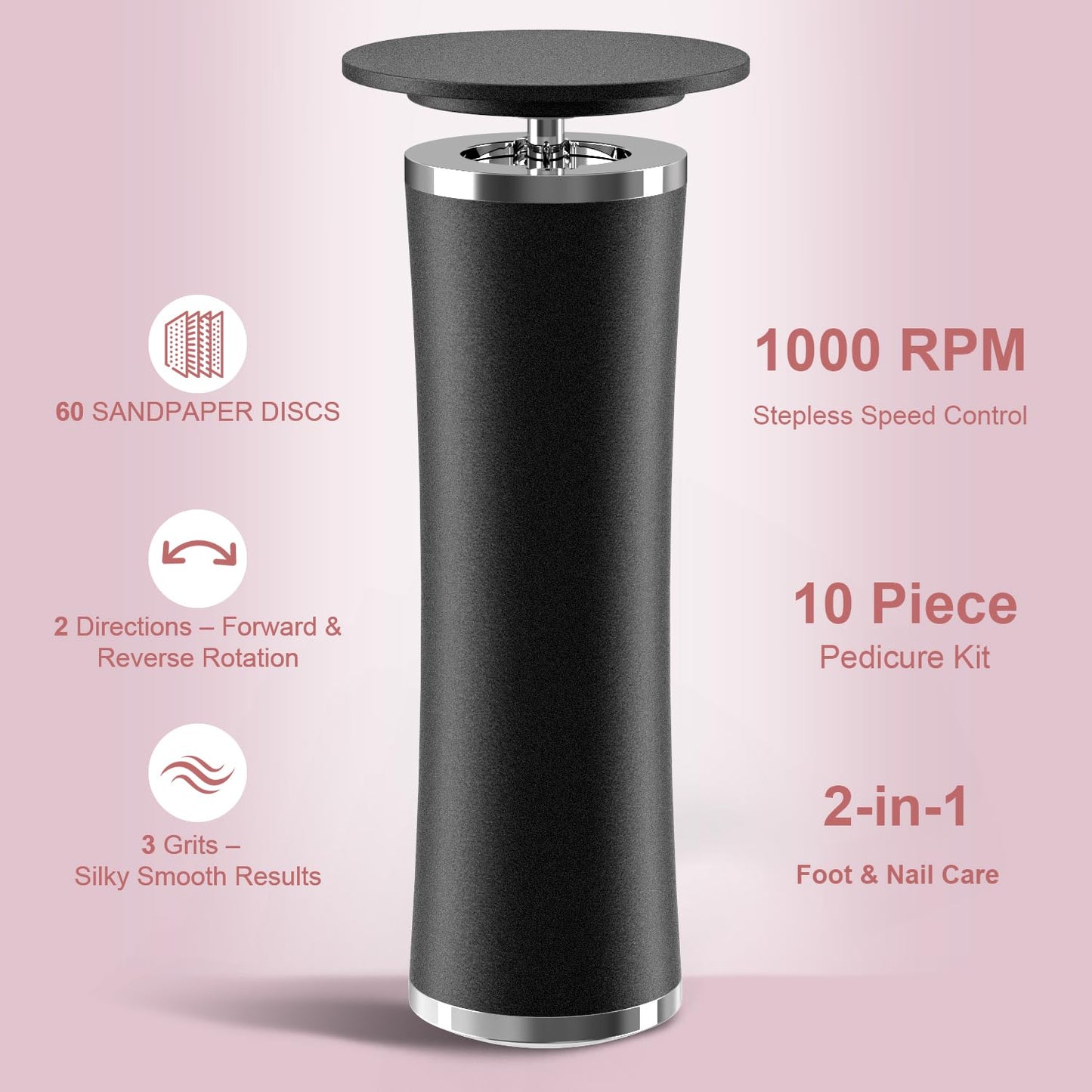 4.8 in Longer Electric Foot Callus Remover, Adjustable Speed Pedicure Tools for Feet with 60 Sanding Pads, Foot Scrubber File, Heel Scraper for Cracked Heels Black