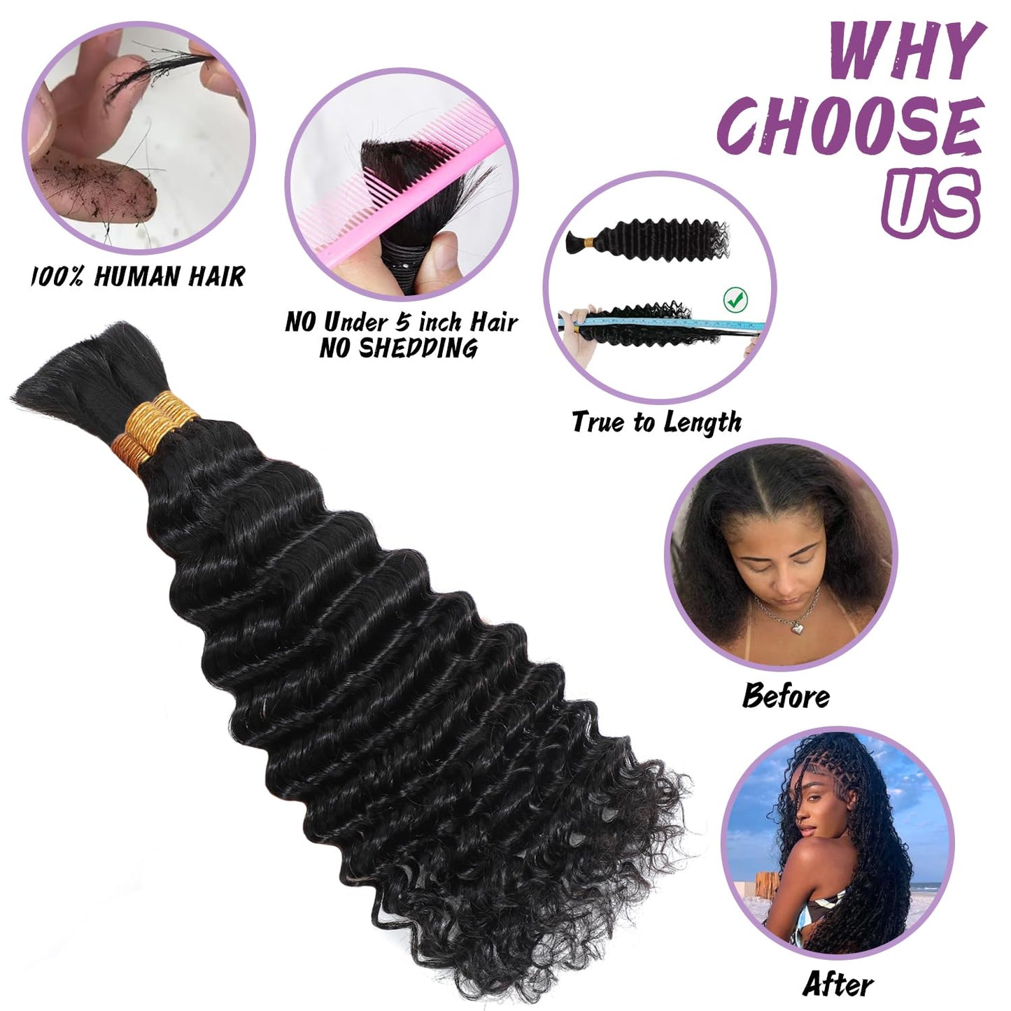 Afihond Human Braiding Hair For Boho Braids 120g Deep Wave Bulk Human Hair for Braiding Knotless 12A 100% Unprocessed Brazilian Virgin Hair Extensions Bulk Bohemian 3 Bundles Natural Color 18inch