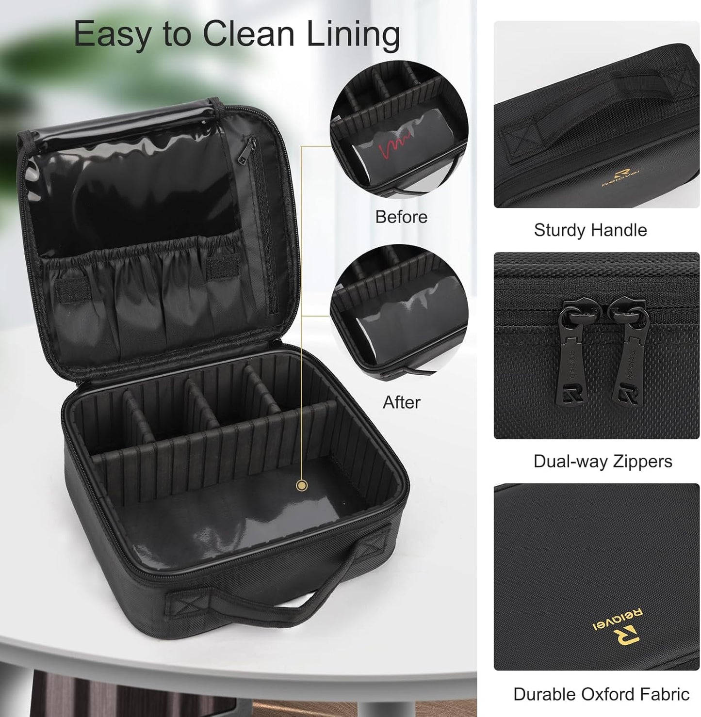 Relavel Portable Travel Makeup Case Organizer with Adjustable Dividers - Black Cosmetic Storage for Brushes, Toiletries & Jewelry