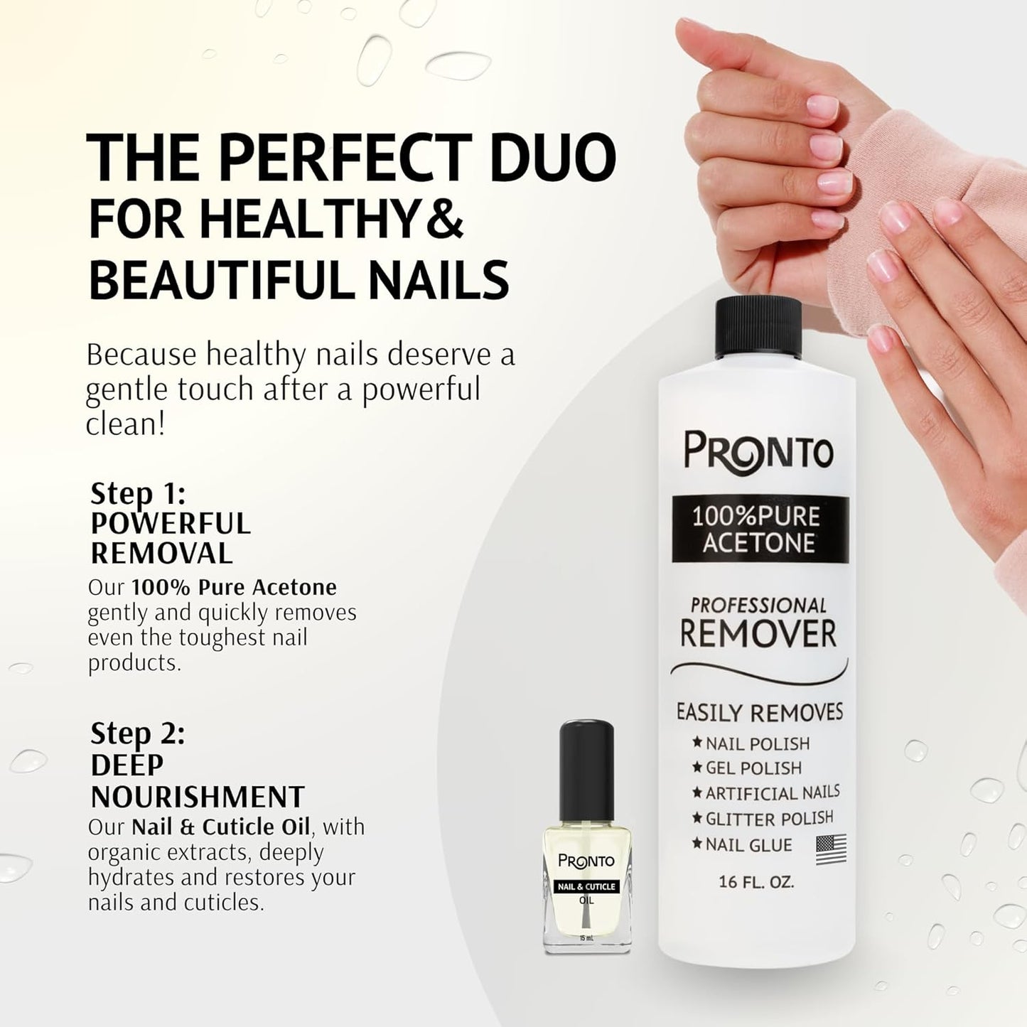 Pronto Pure Acetone 16 oz Nail Polish Remover - Complete Acrylic Nail Kit with Cuticle Pusher, Nail File & Buffer for Gel & Dip Powder Removal