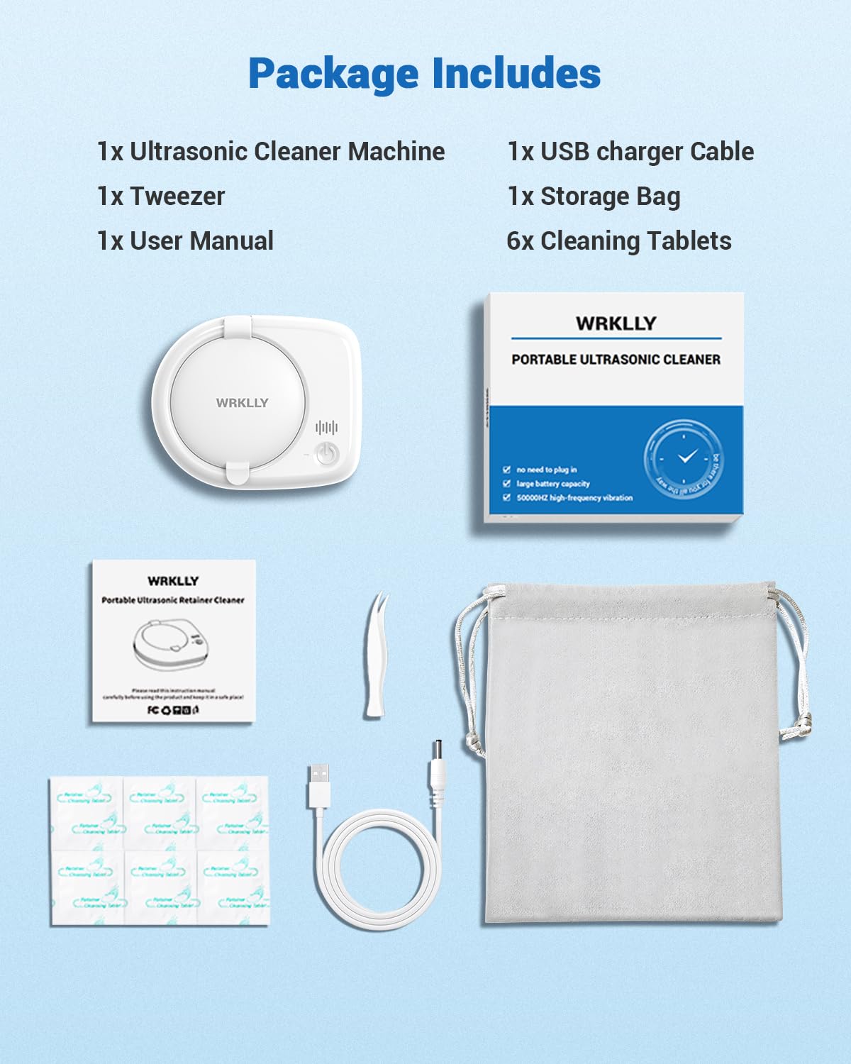 Wrklly Rechargeable Ultrasonic Retainer Cleaner Machine | 50kHz 1.9 inch Ultra-Thin Portable | Night Guard Aligners Jewelry |6pcs Cleaner Tablets Included | Quick & Deep Clean Modes | FSA HSA Approved