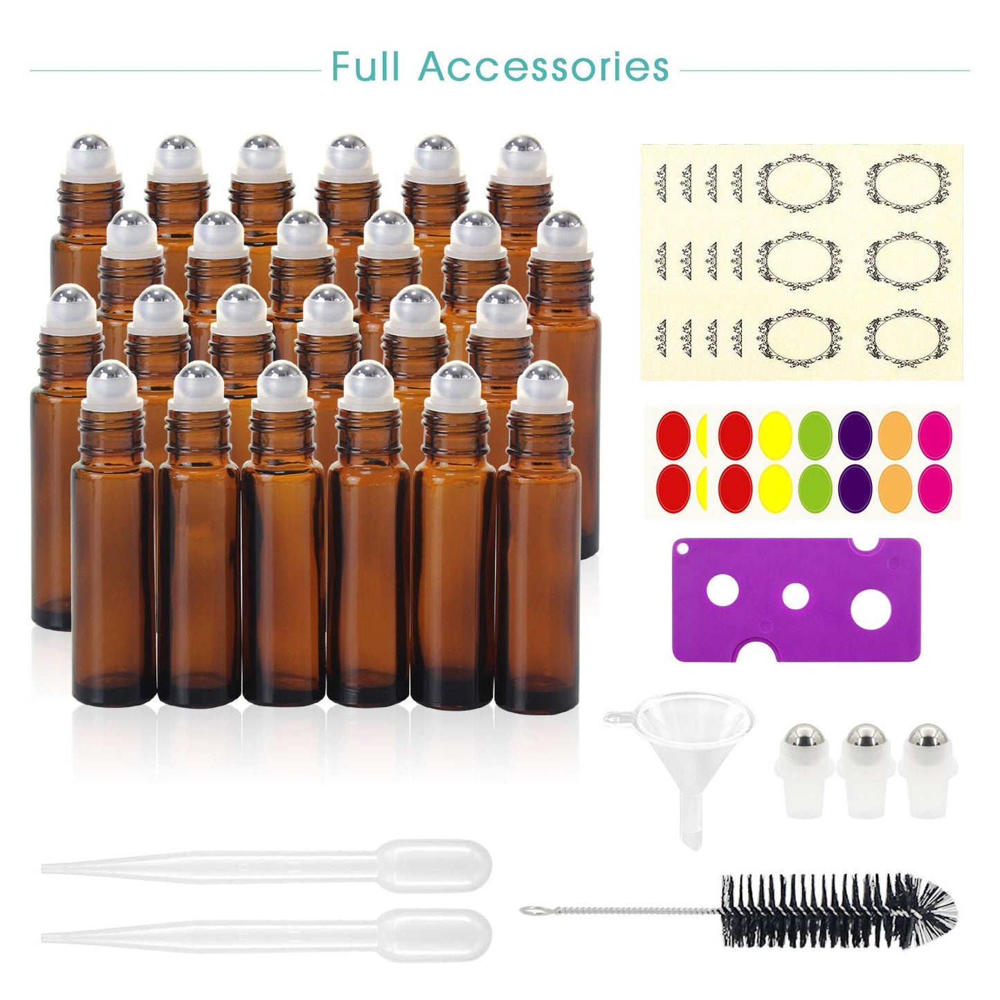 Mavogel 24pack, 10ml Roller Bottles for Essential Oils - Amber, Glass with Stainless Steel Roller Balls (3 Extra Roller Balls, 54 Pieces Labels, Opener, Funnel, Dropper, Brush Included)